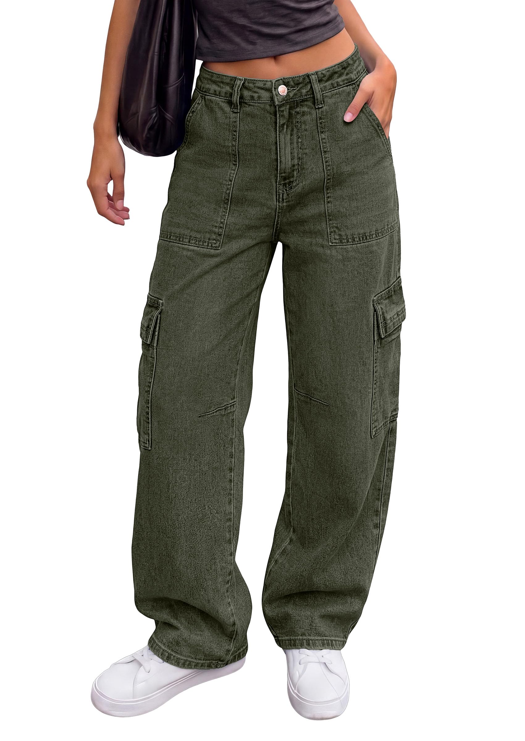 Barrel Pants Women Wide Leg Baggy Denim Jeans Army Green,4