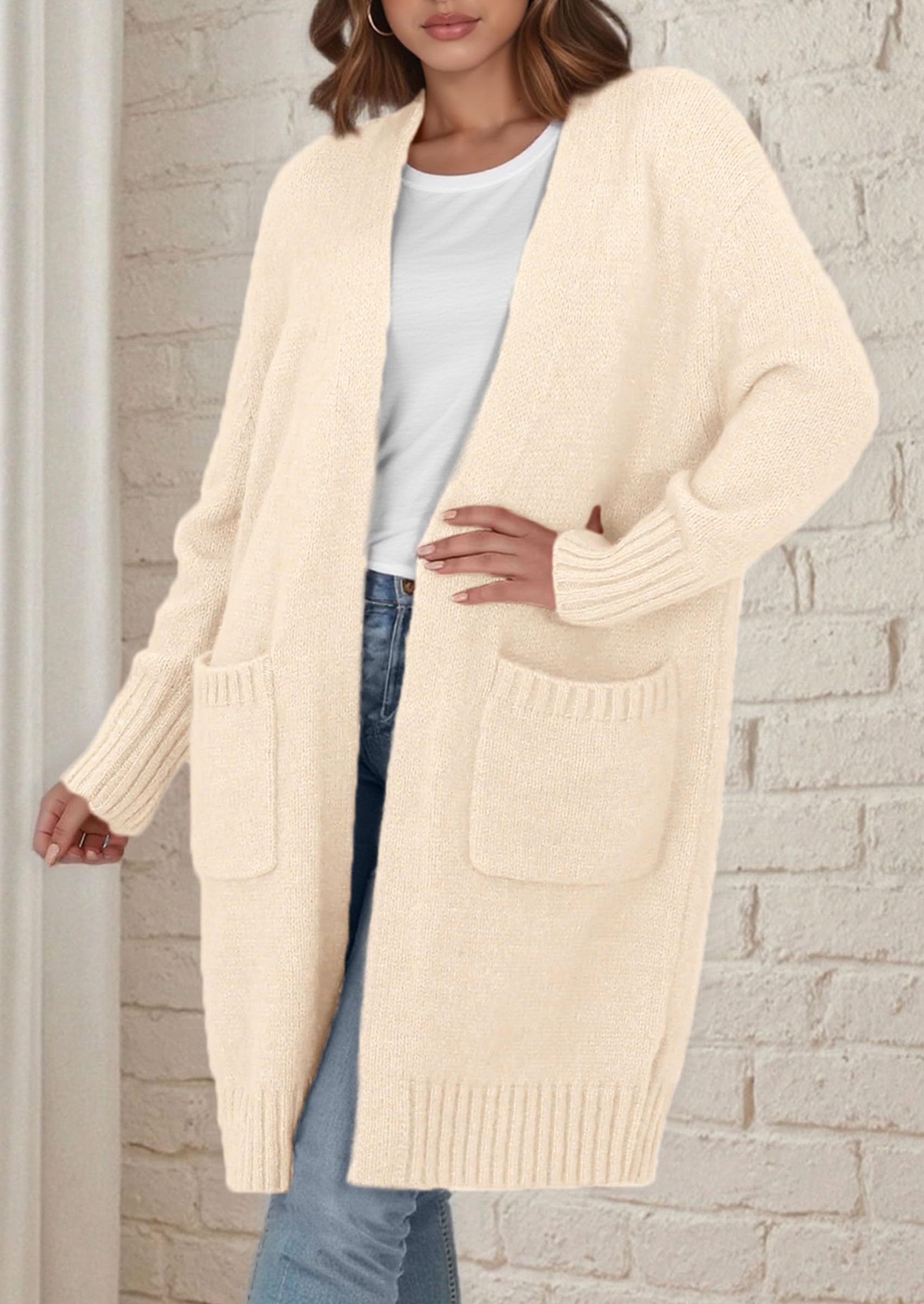 Open Front Cardigan Sweaters for Women,Beige,S
