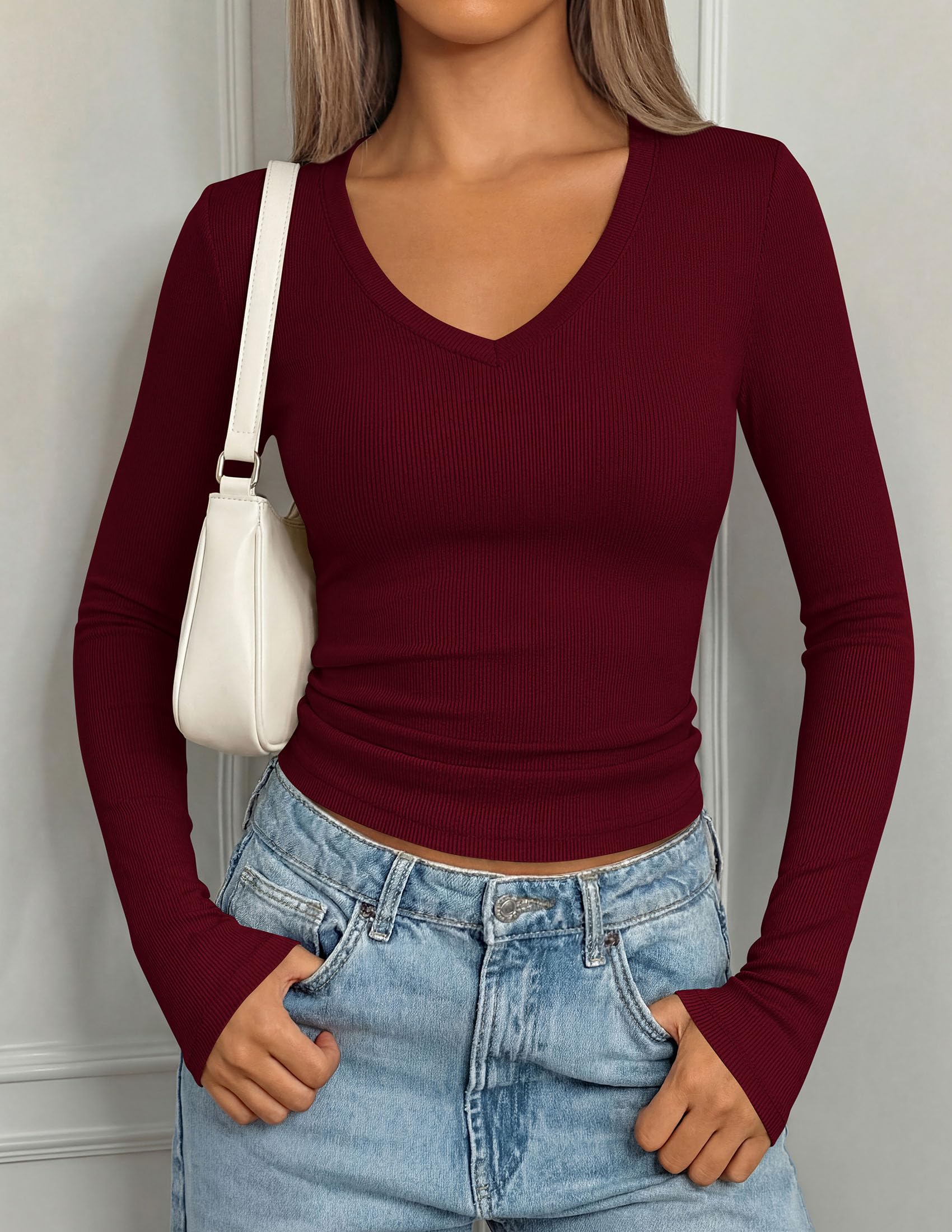 Womens Long Sleeve Ribbed V Neck Knit Shirts(Wine Red,XL)
