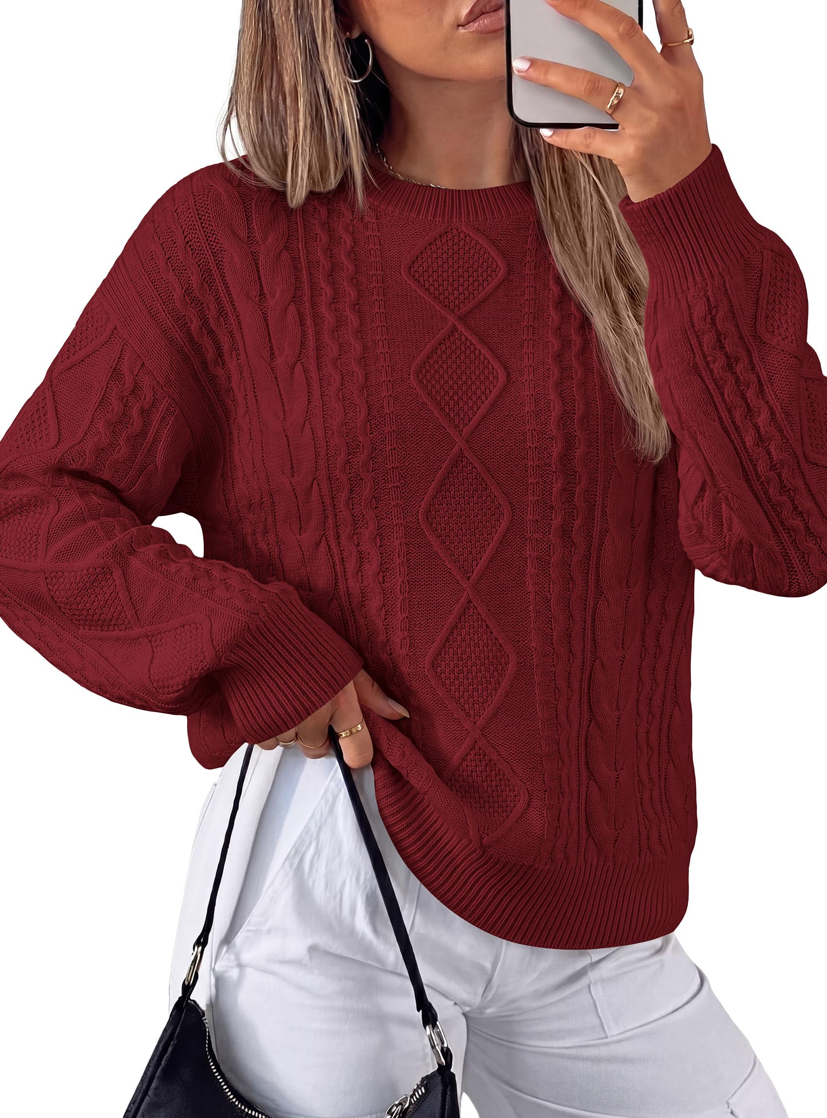 Women's Crewneck Cable Knit Sweater Pullover Tops Wine Red