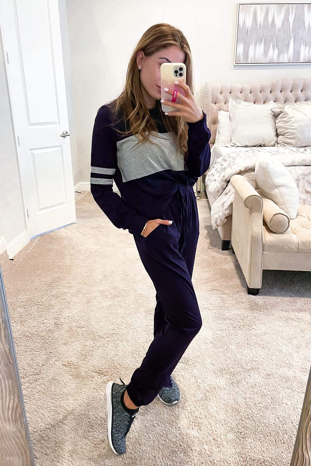Women Color Block 2 Piece Sets Tracksuit,Navy,S