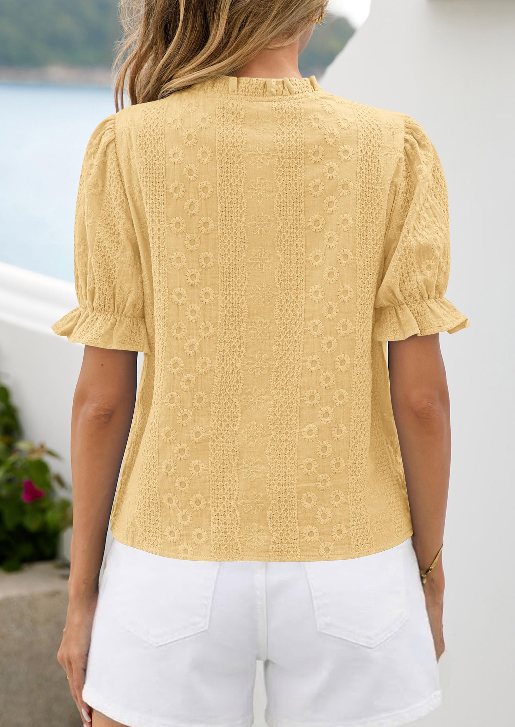 Womens Embroidered Puff Short Sleeve Tops,Yellow,S