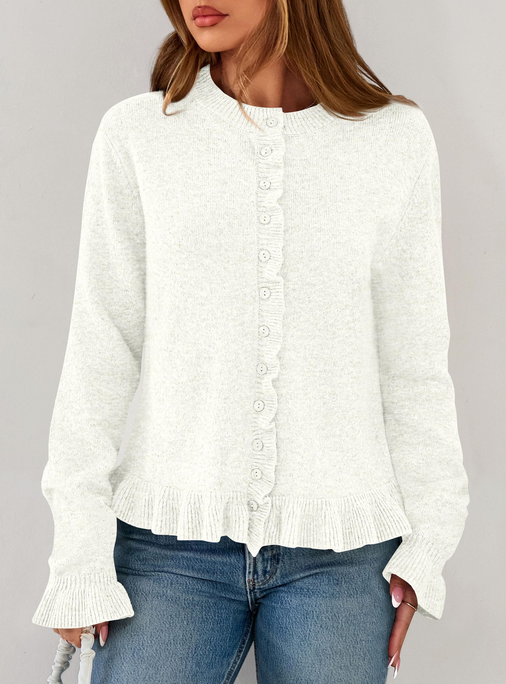 Womens Ruffle Button Down Cardigan Sweaters,White,S