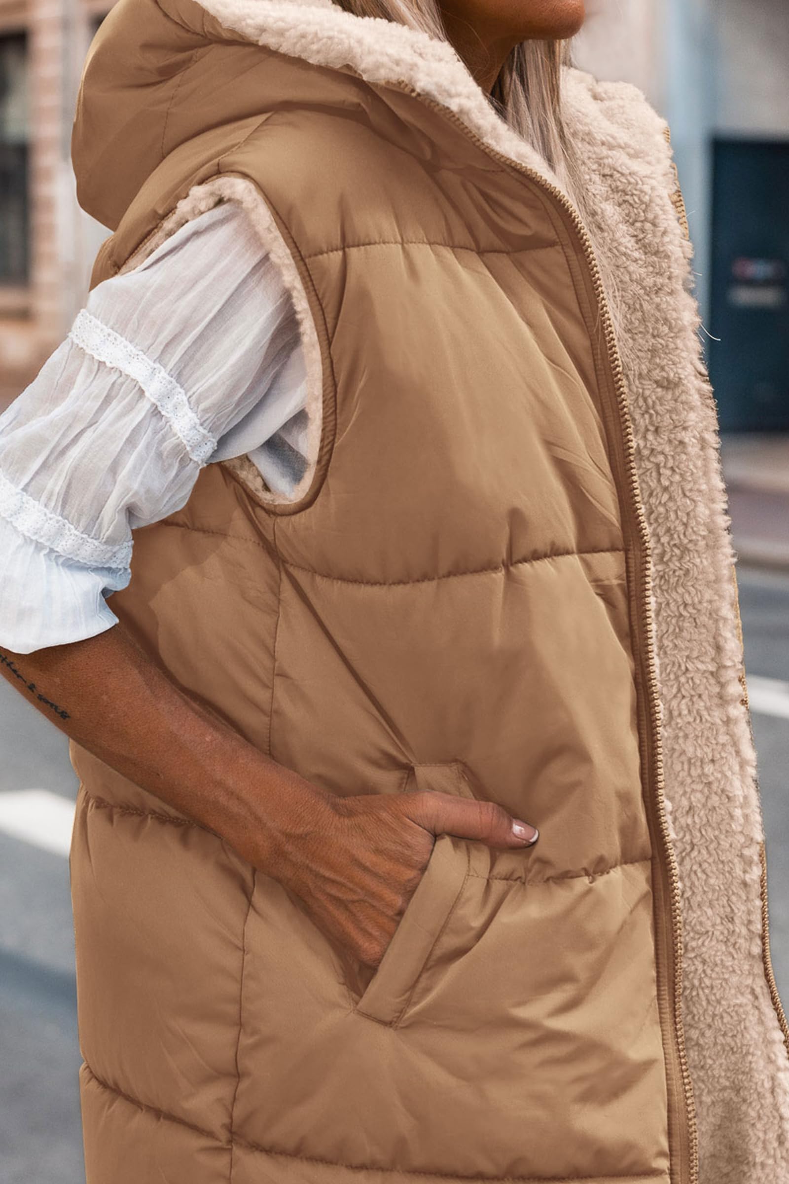 Women's Winter Reversible Fleece Long Vests(Light Camel,S)