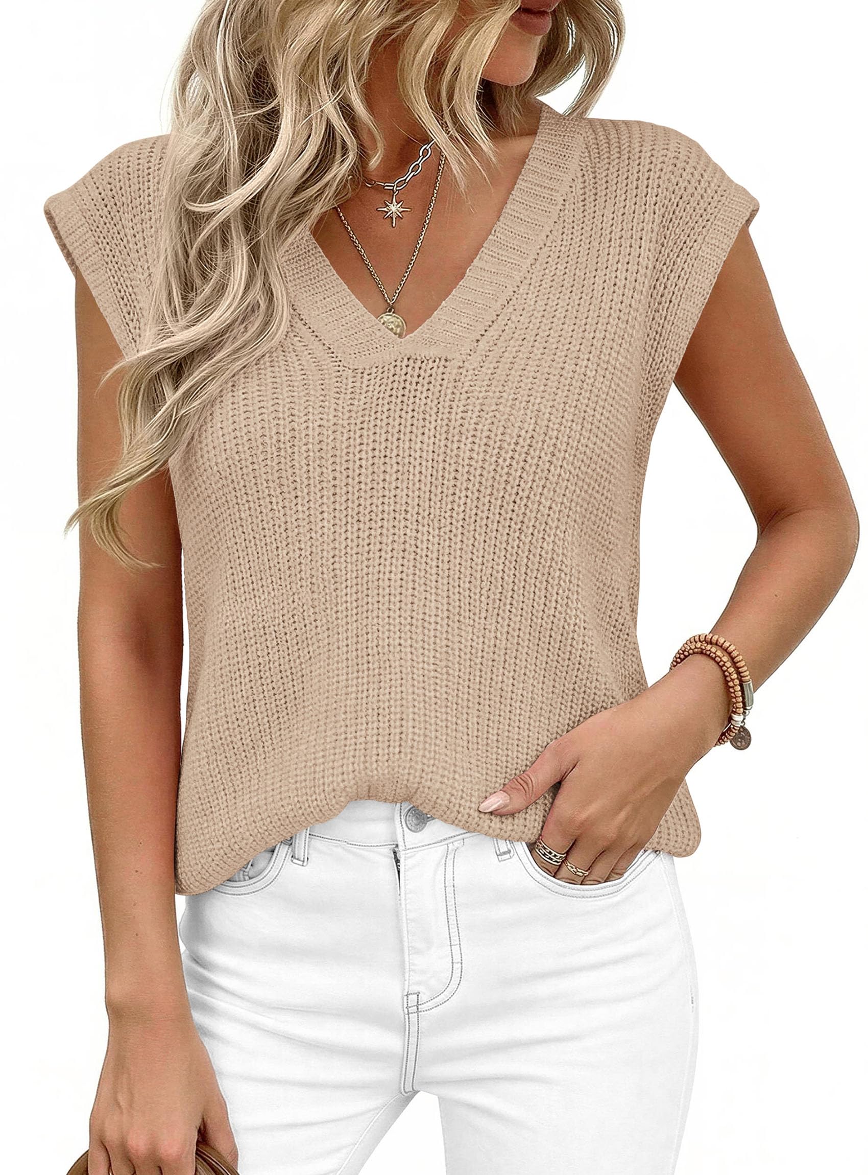 Women's Cap Sleeve Sweaters Vest Summer Tops (Light Khaki,S)