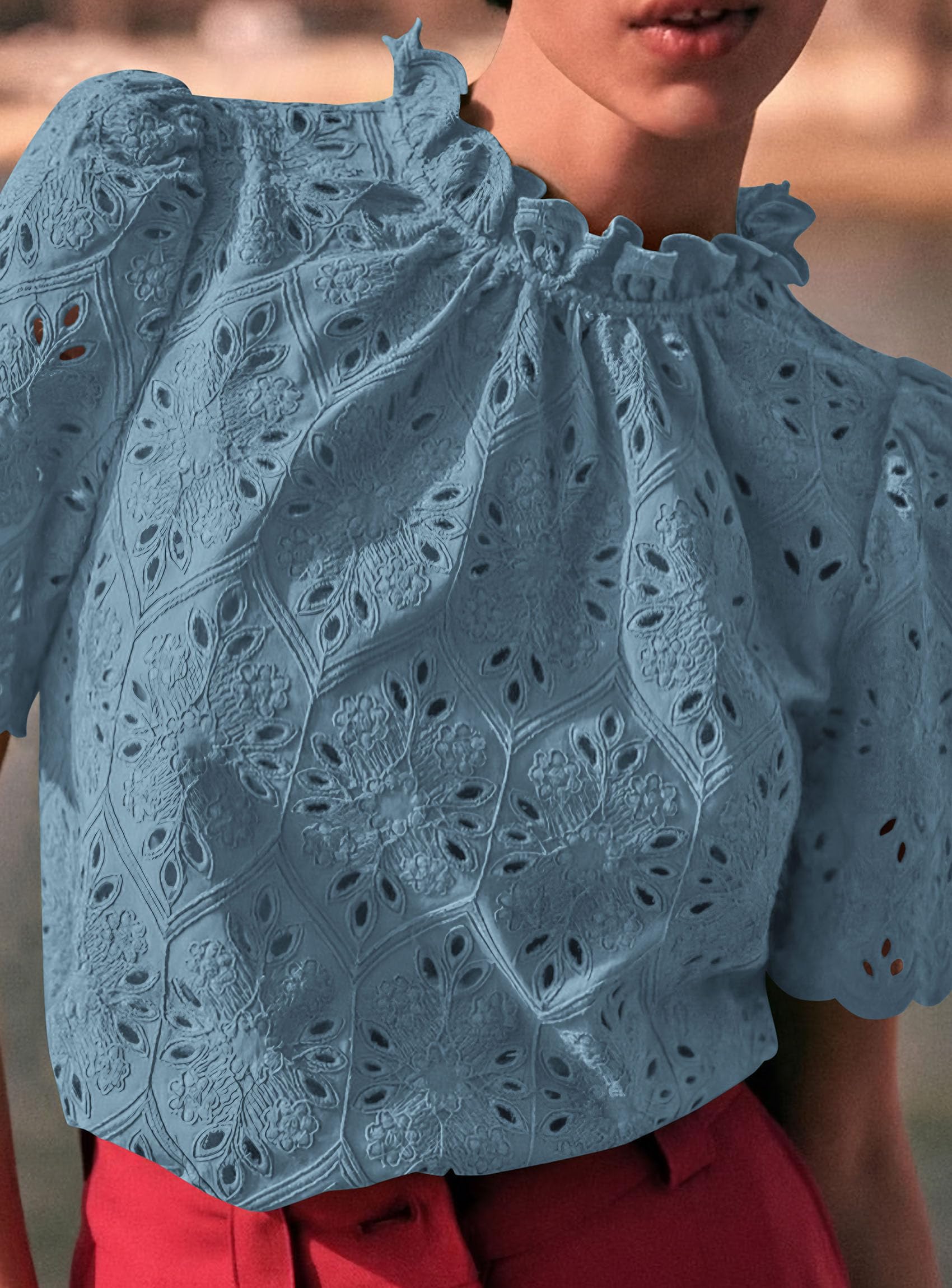 Women Summer Tops Eyelet Embroidered Shirts,Blue Grey,XS