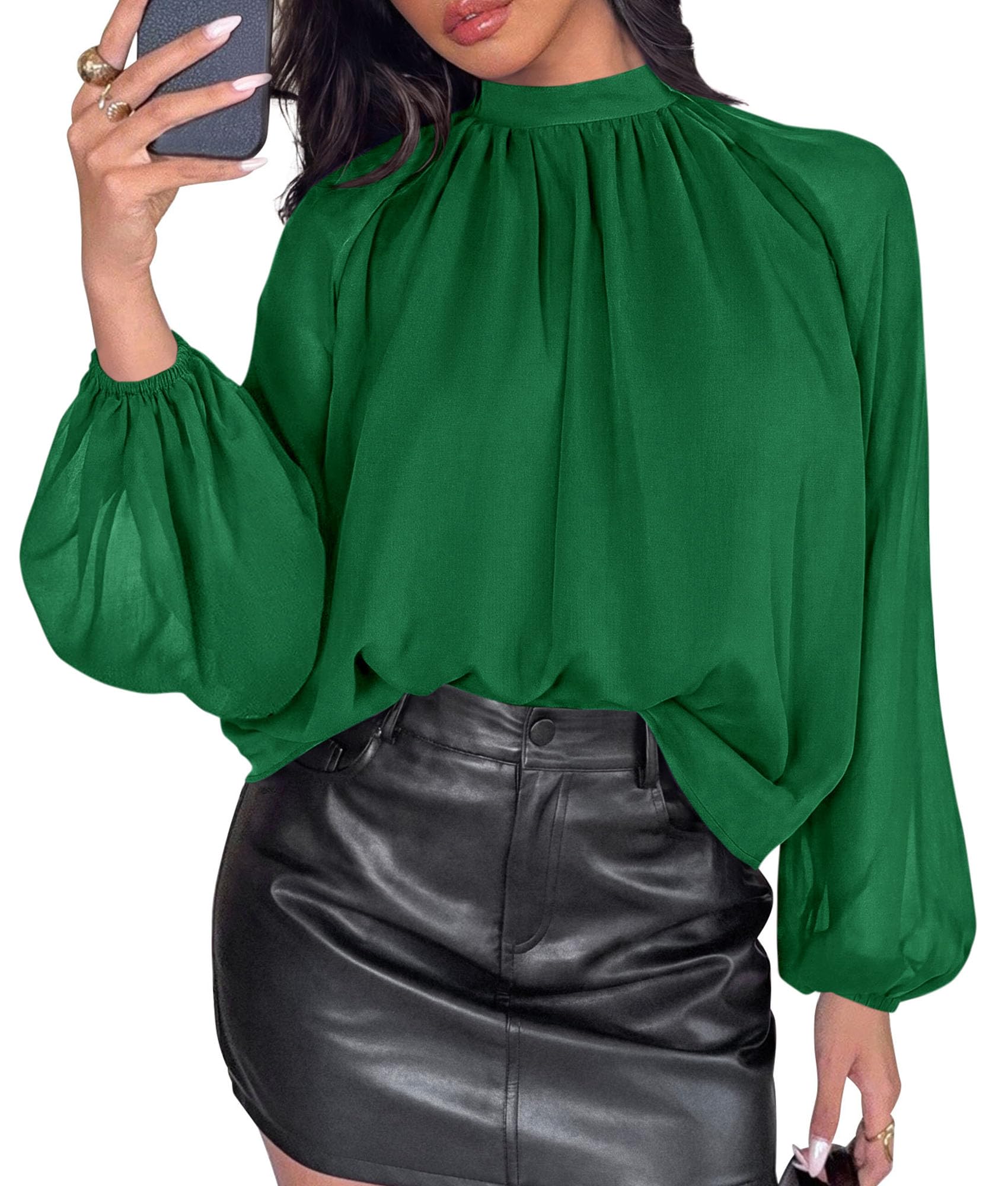 Chiffon Blouses for Women Dressy Casual Mock Neck Tops Green
