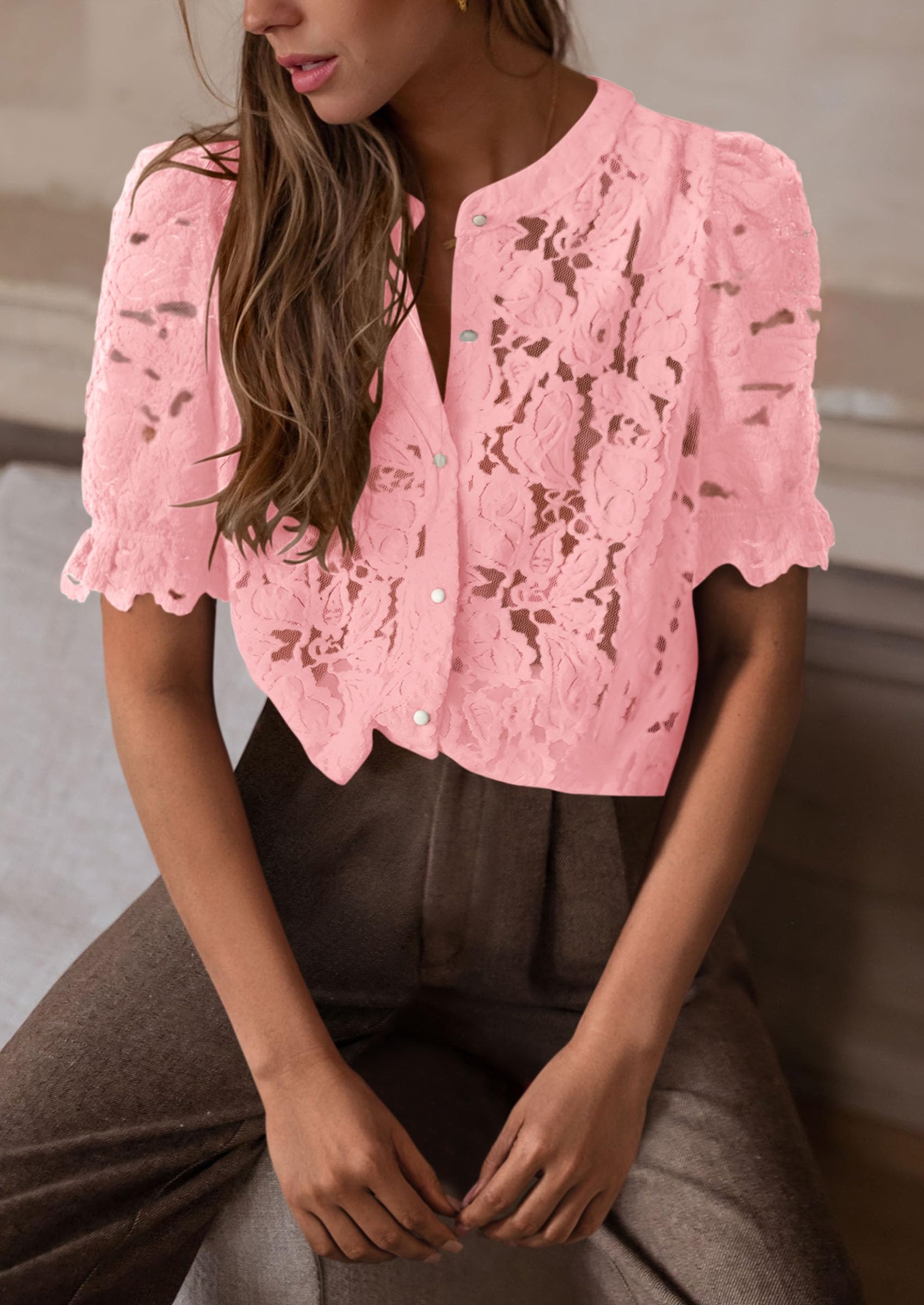 Womens Lace Tops Button Down Short Sleeve Shirts,Pink,S