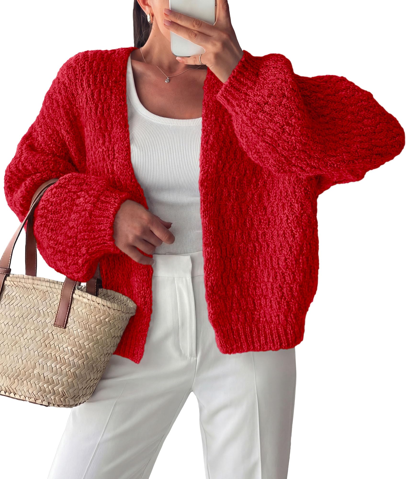 Women's Fall Cardigan Open Front Chunky Sweaters Red S