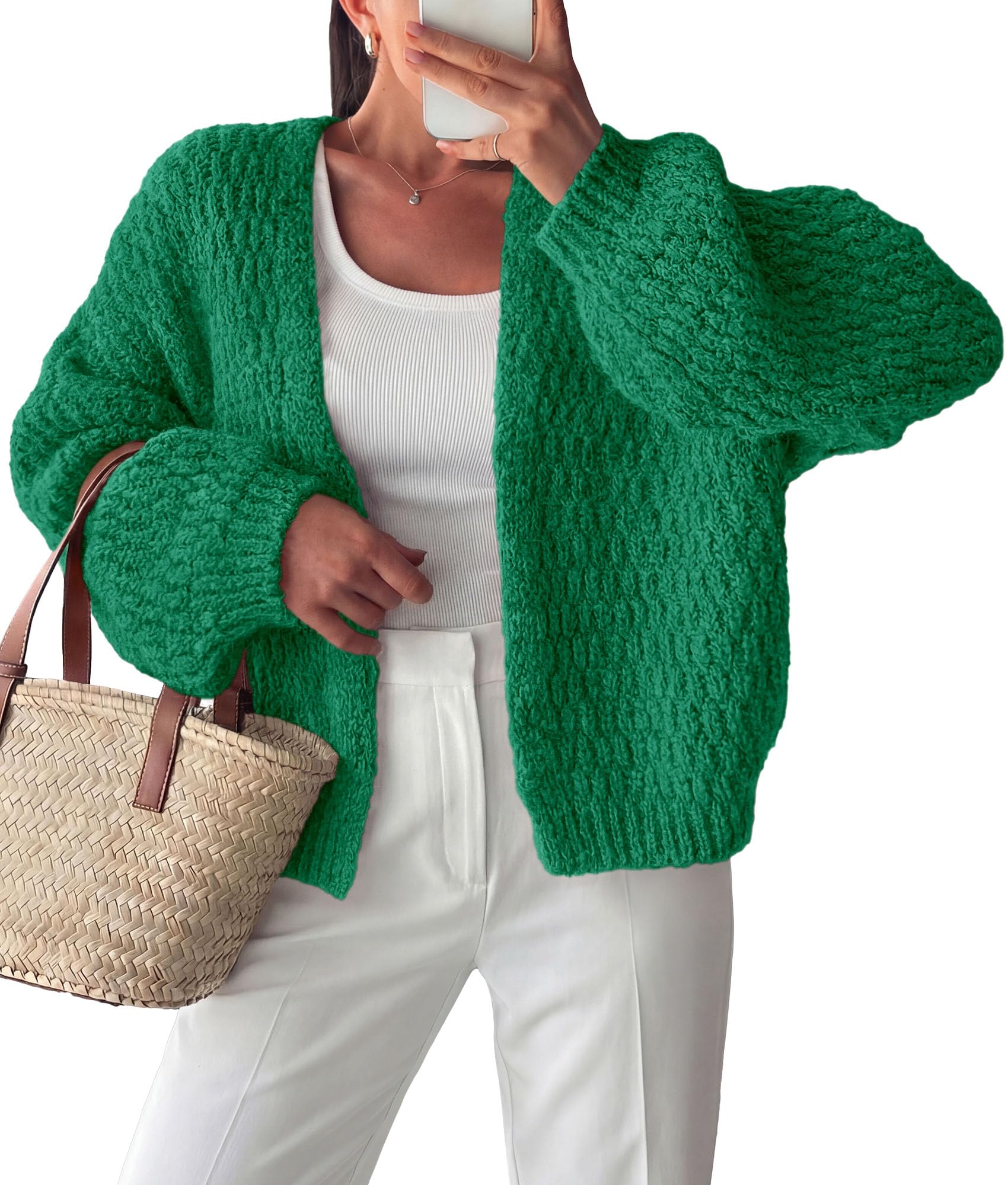 Women's Fall Cardigan Open Front Chunky Sweaters Green S