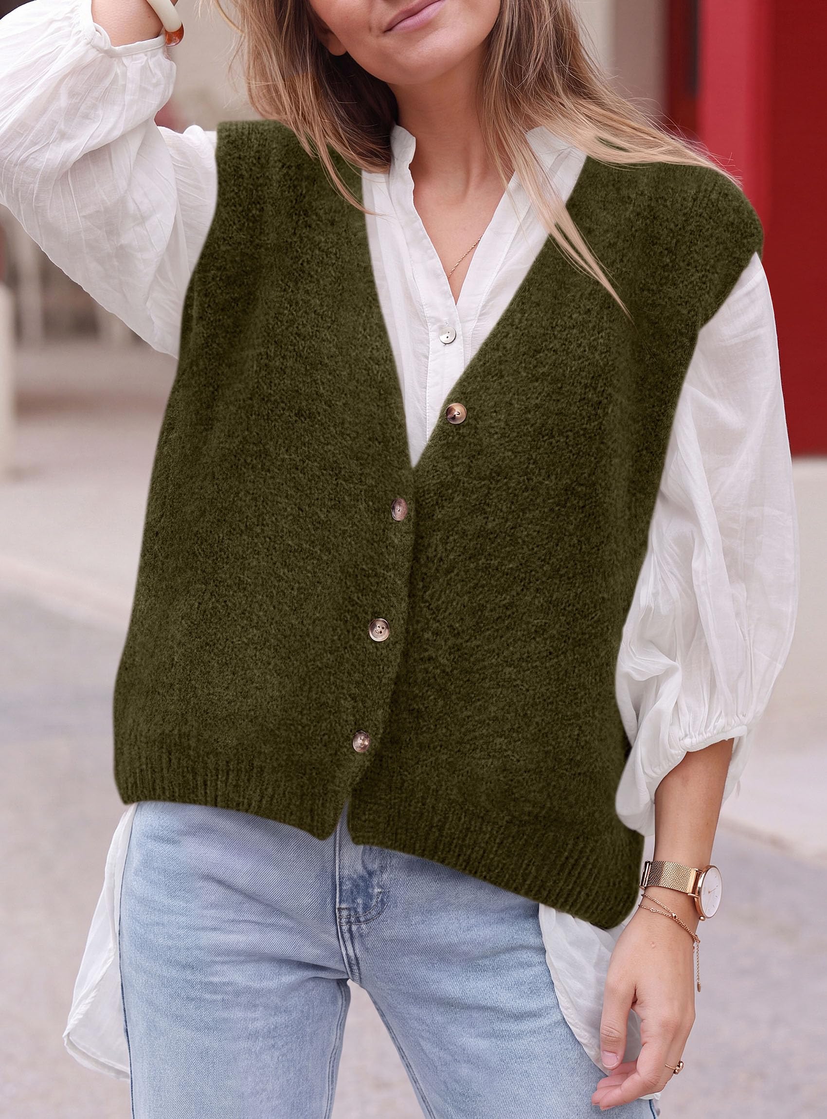 Womens Fall Sleeveless Button Down Sweater Vest,Army Green,S