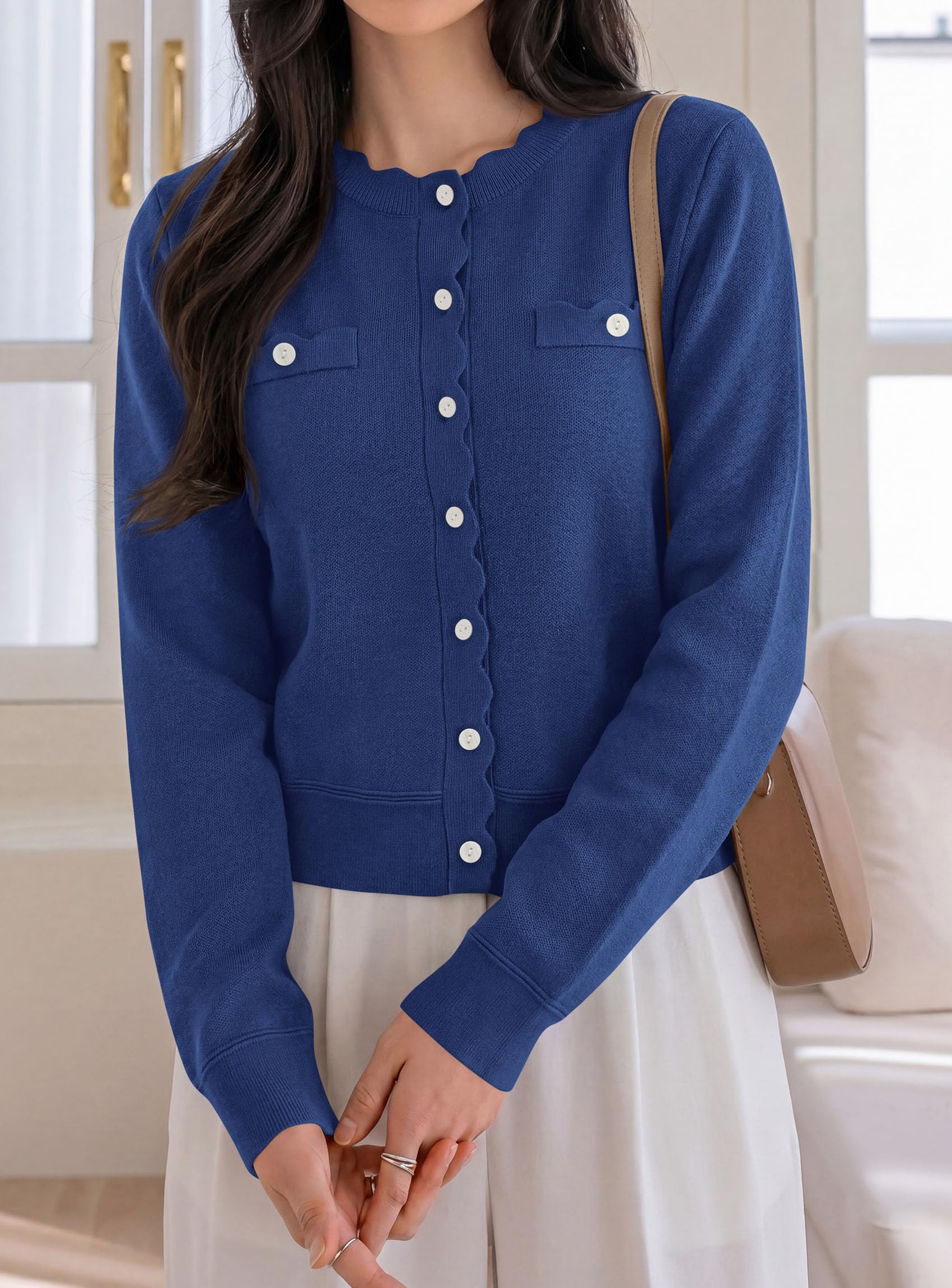 Womens Lightweight Cardigan Sweaters Scalloped Trim Fall Tops