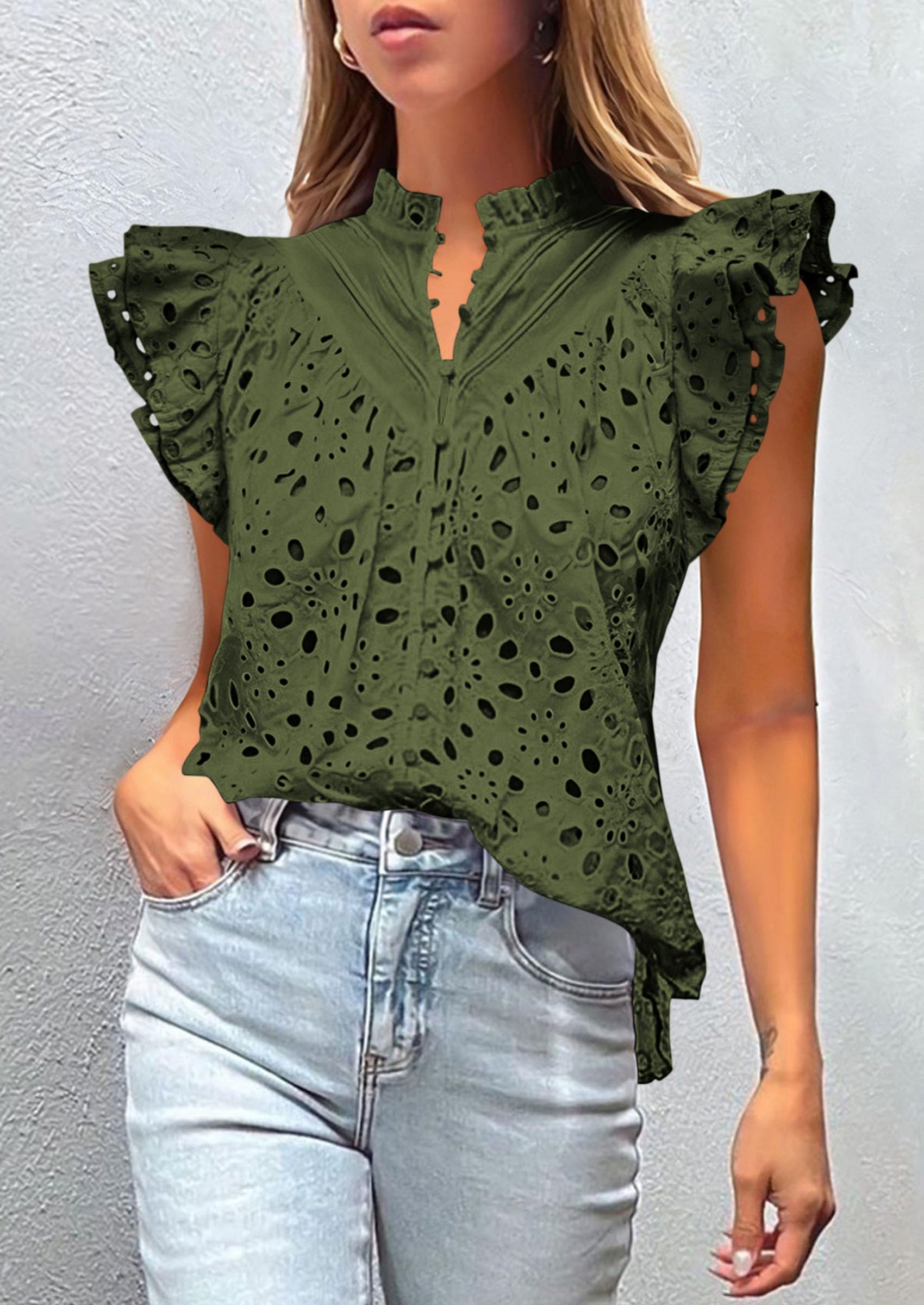 Women's Eyelet V Neck Summer Tops Dressy Casual Army Green,L