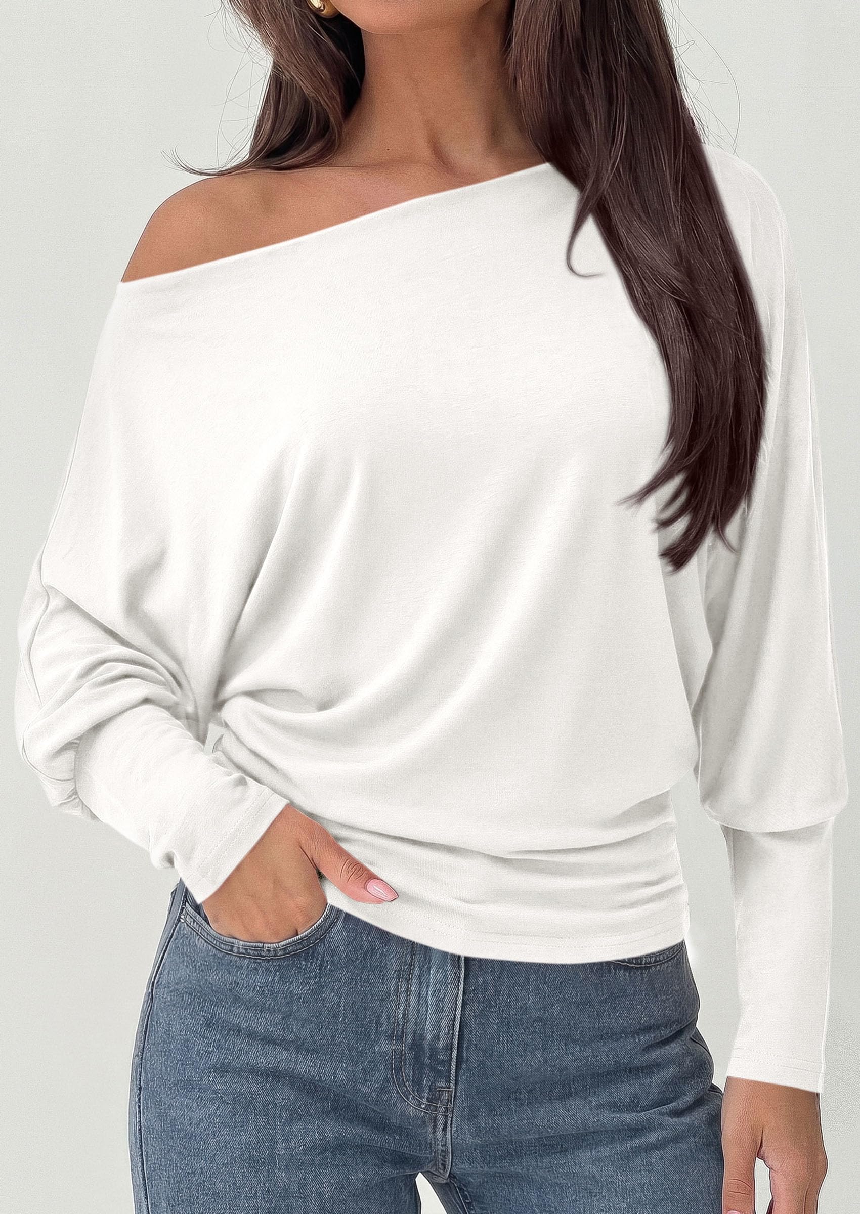 Womens Off The Shoulder Batwing Long Sleeve Top,White,S