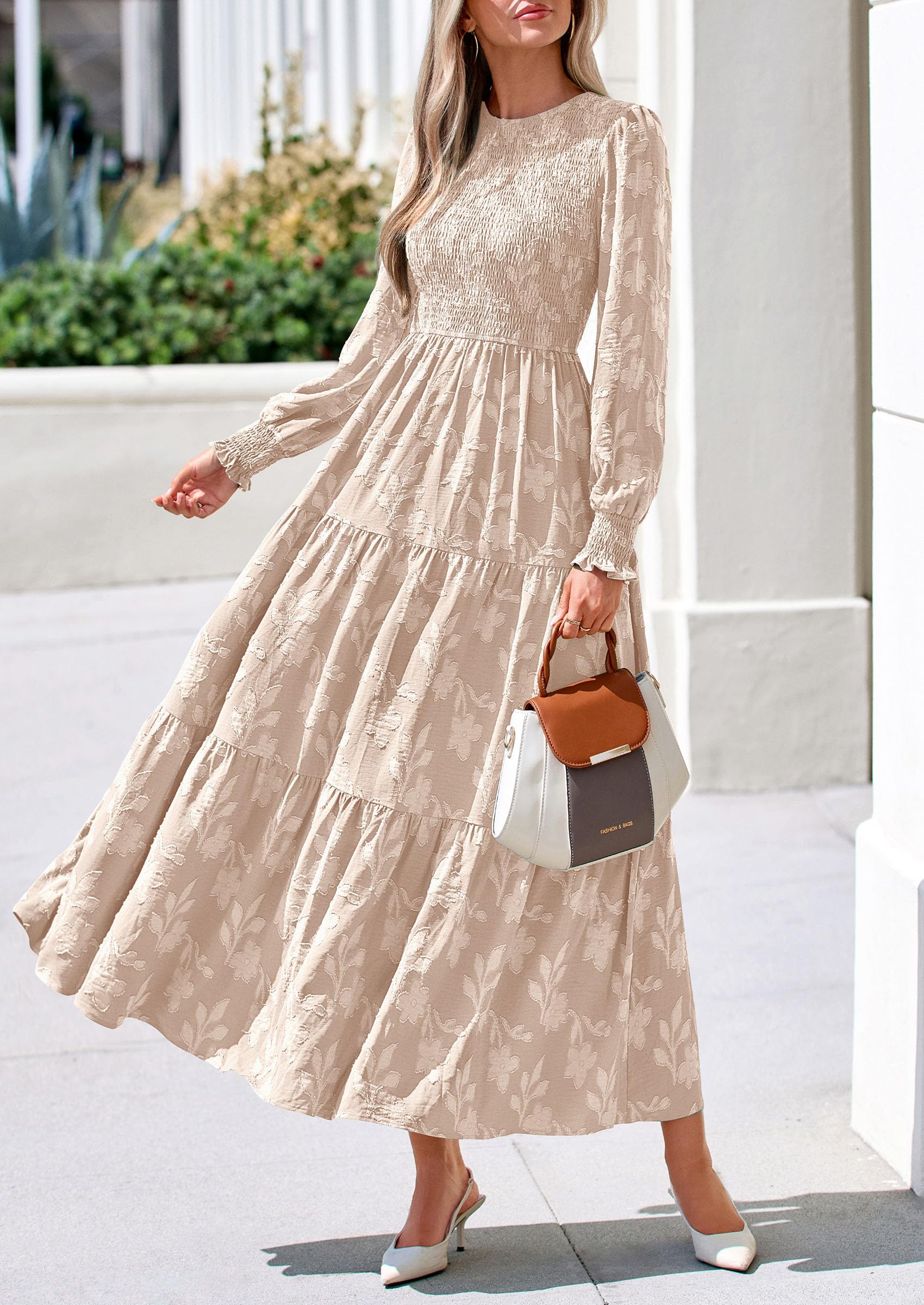 Fall Floral Long Sleeve Wedding Guest Dress for Women Pockets