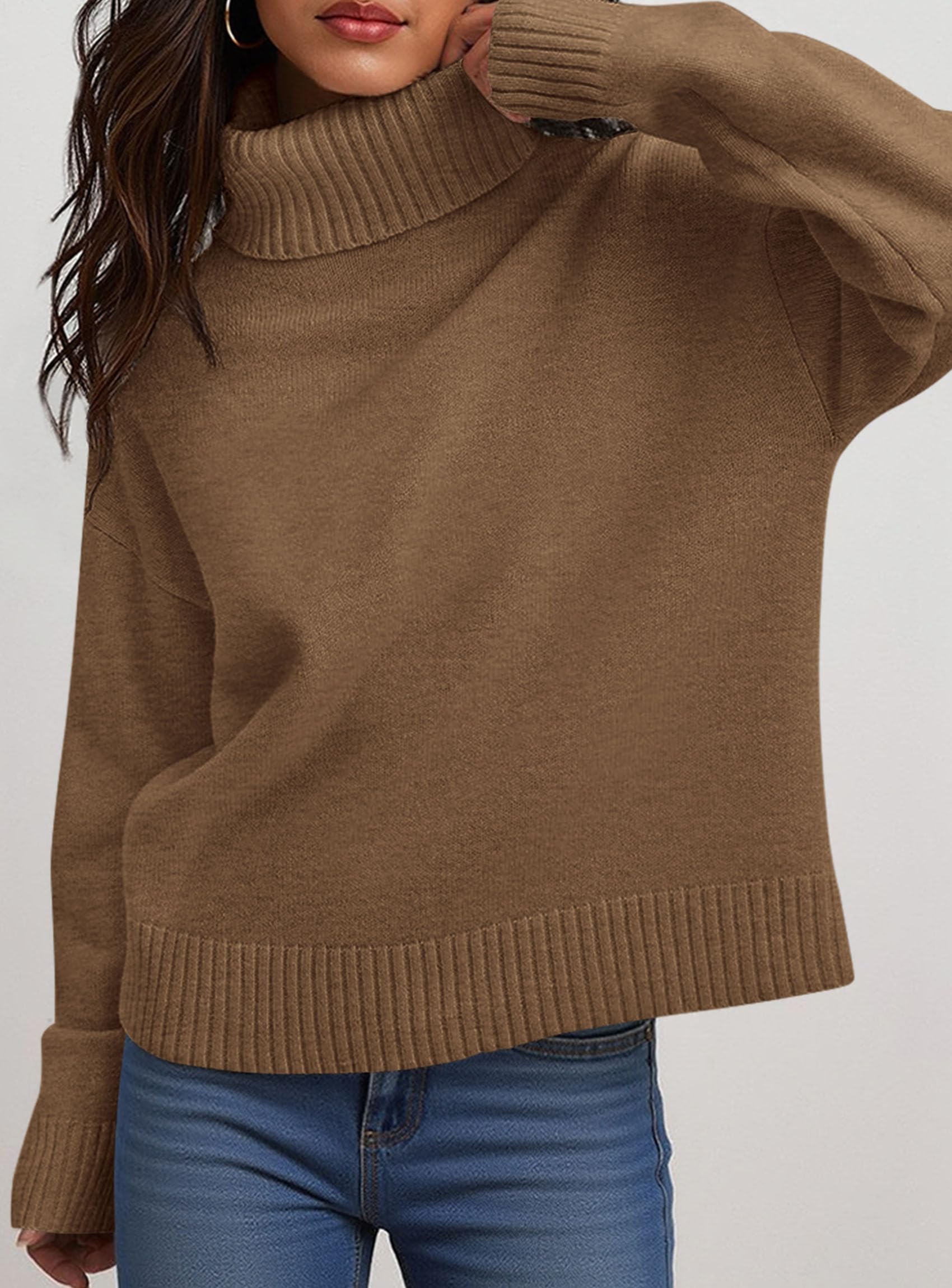 Womens Turtleneck Long Sleeve Knit Sweater,Light Brown,S