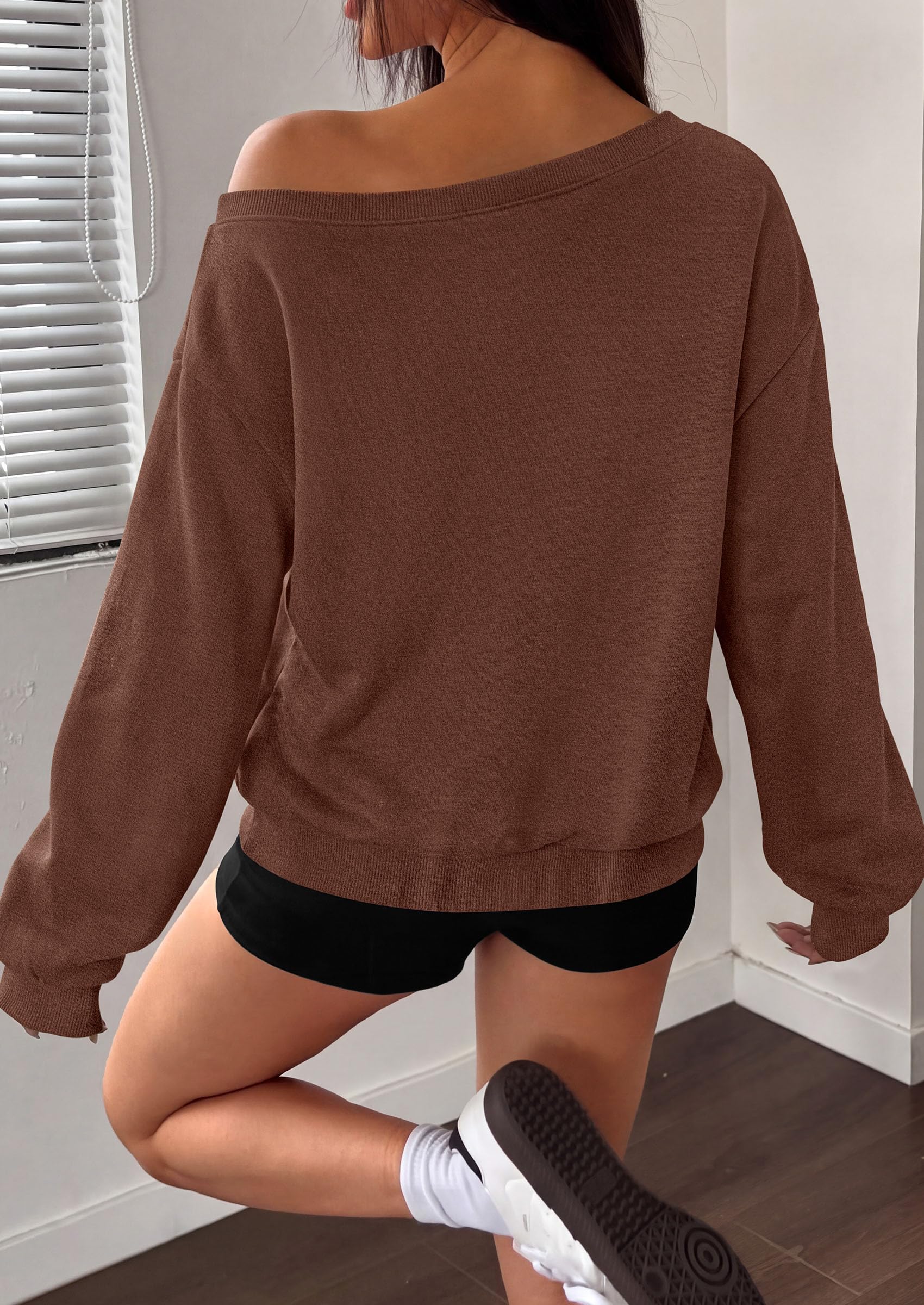 Womens Off The Shoulder Sweatshirt Fall Long Sleeve Tops Brown