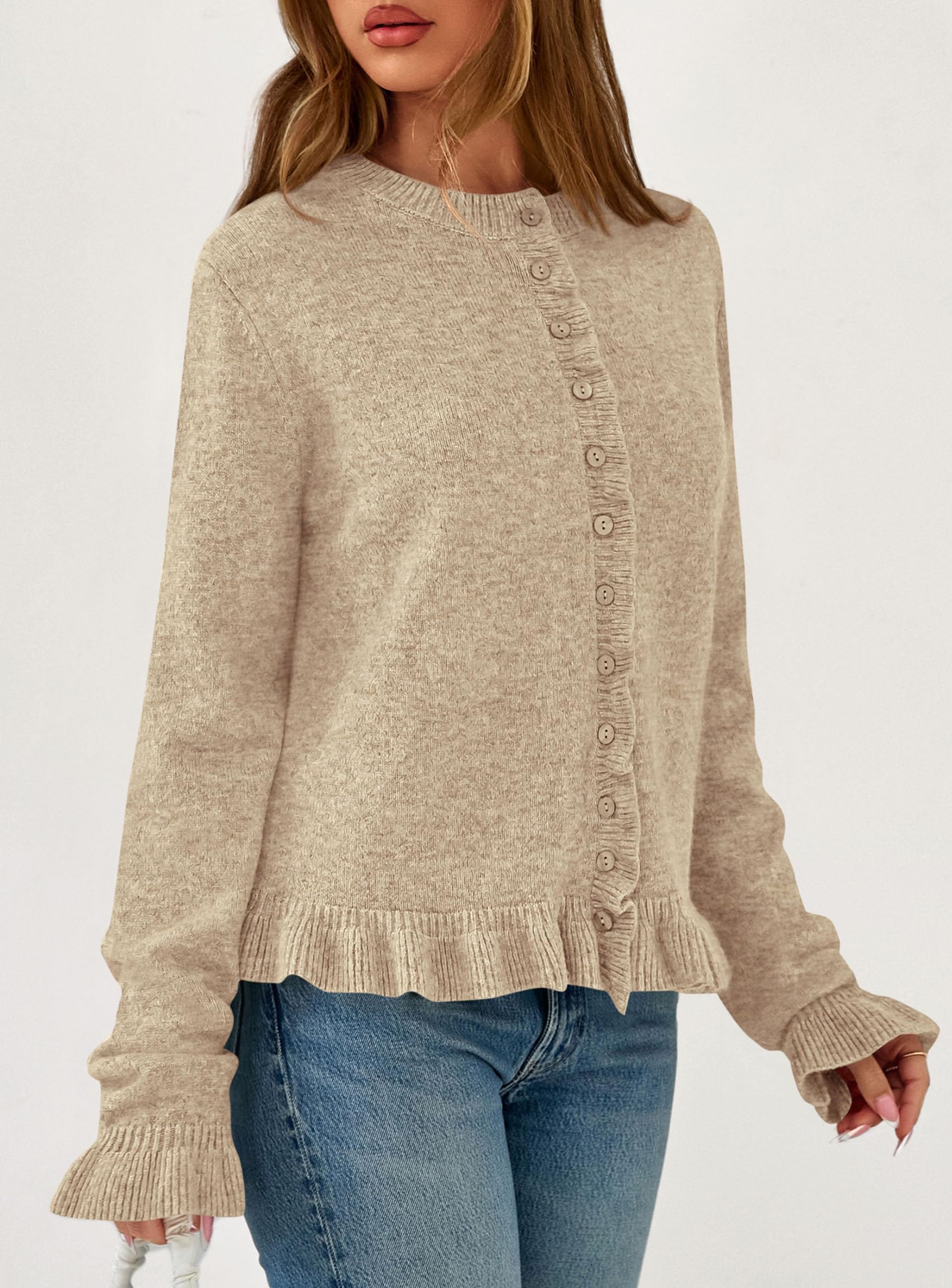 Womens Ruffle Button Down Cardigan Sweaters,Khaki,L