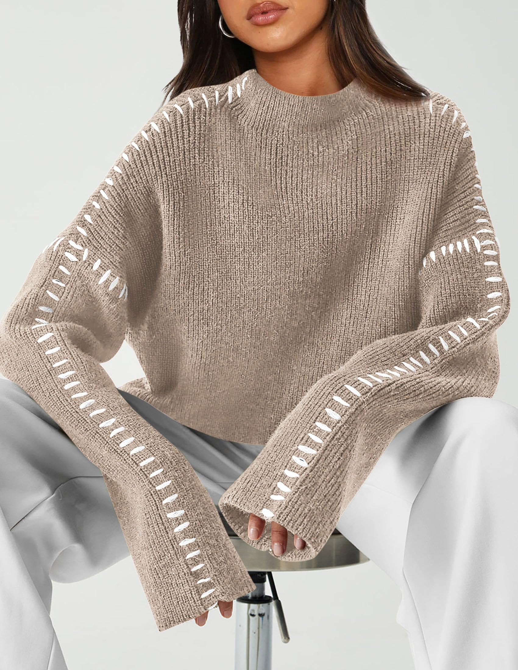 Womens Chunky Knit Oversized Pullover Sweaters,Camel,S