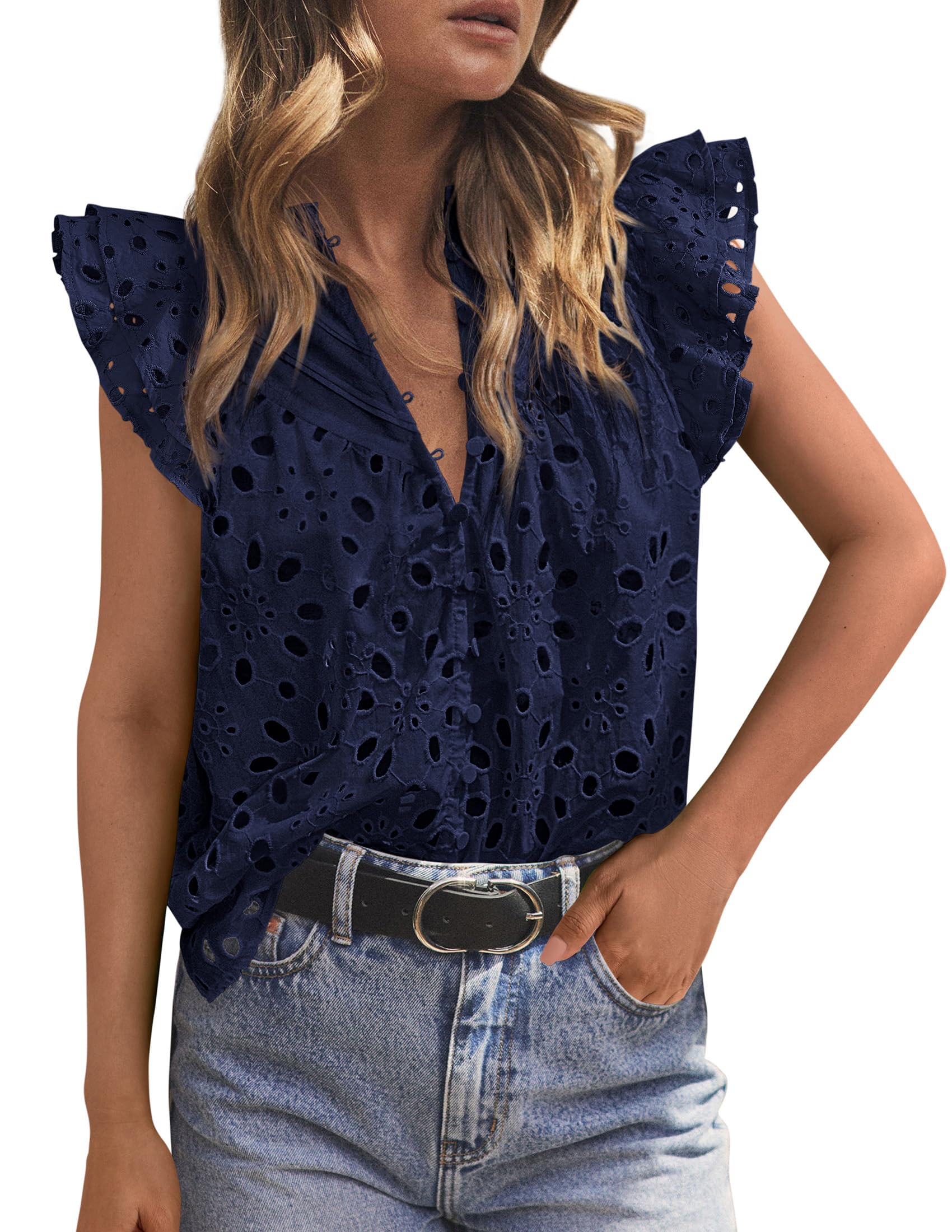 Women's Eyelet V Neck Summer Tops Dressy Casual Navy,S