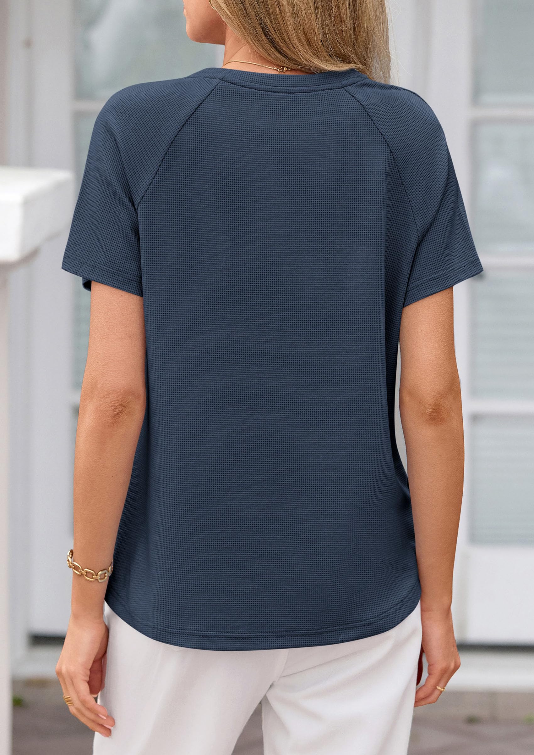 Women's Short Sleeve Waffle Knit Henley Shirts, Navy Blue,S