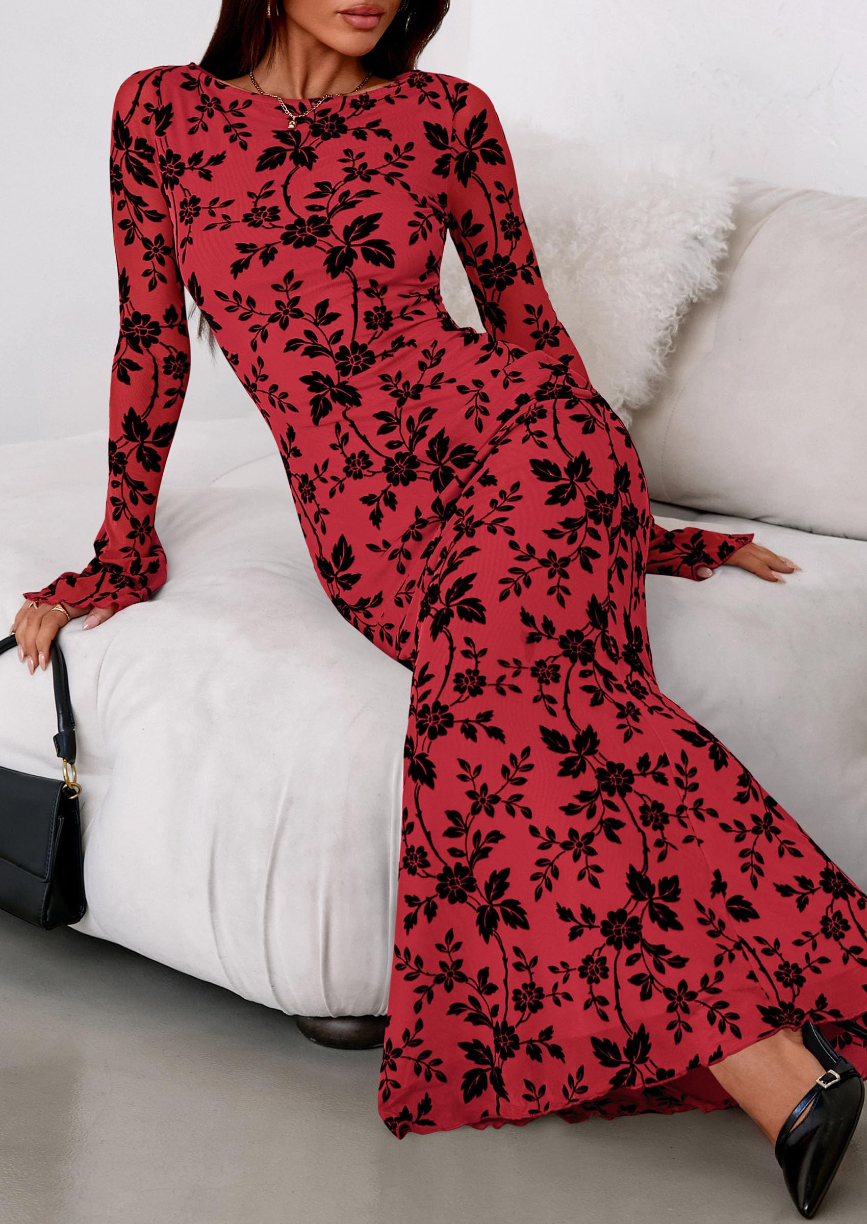 Women's Floral Bodycon Maxi Dress Wedding Guest Dresses Red