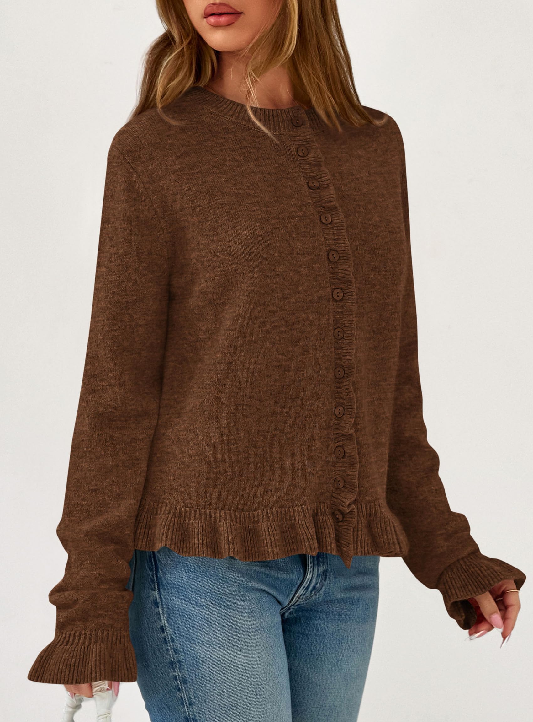 Womens Ruffle Button Down Cardigan Sweaters,Brown,S