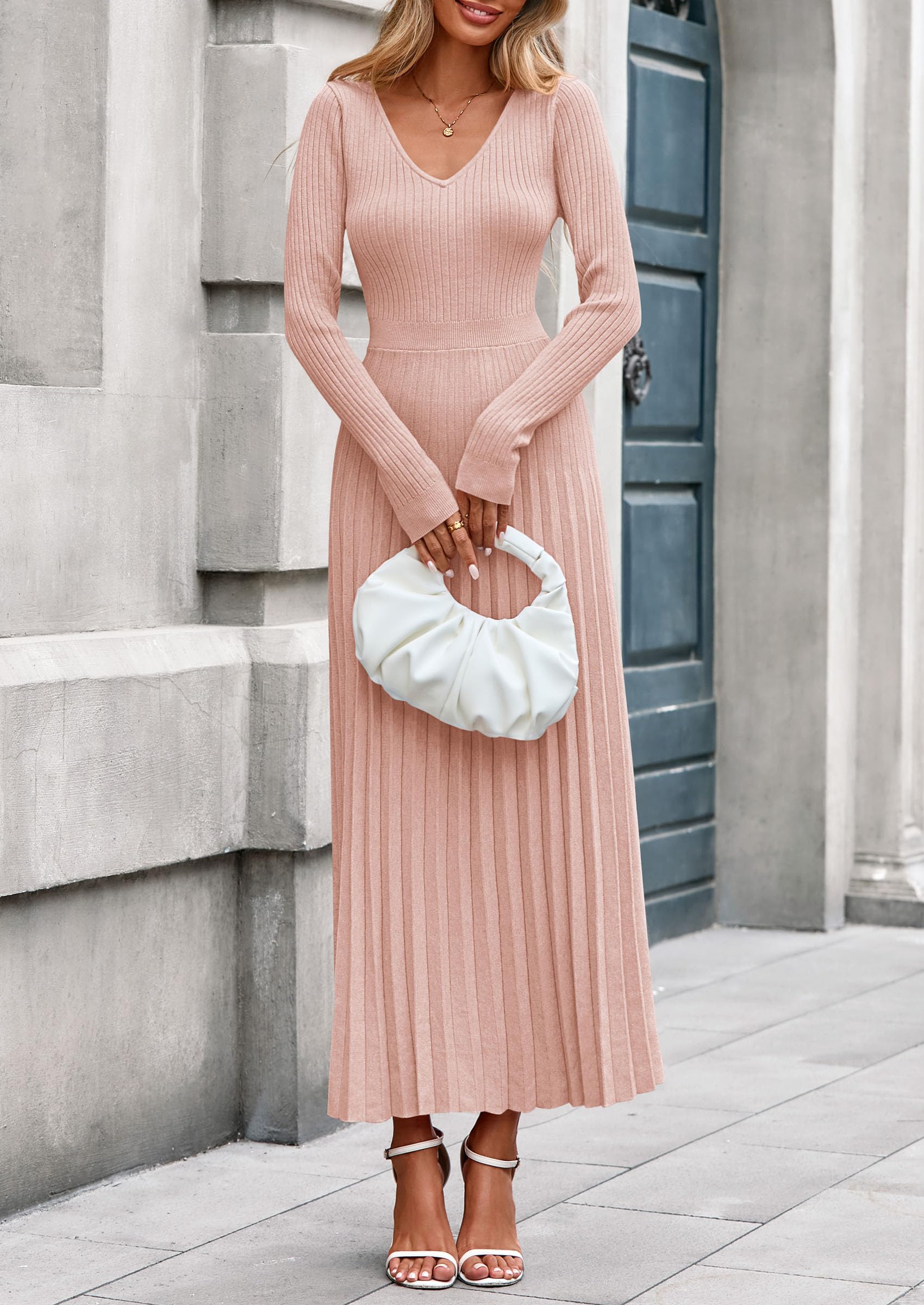 Sweater Dress Women Long Sleeve Maxi Flowy Pleated Dresses