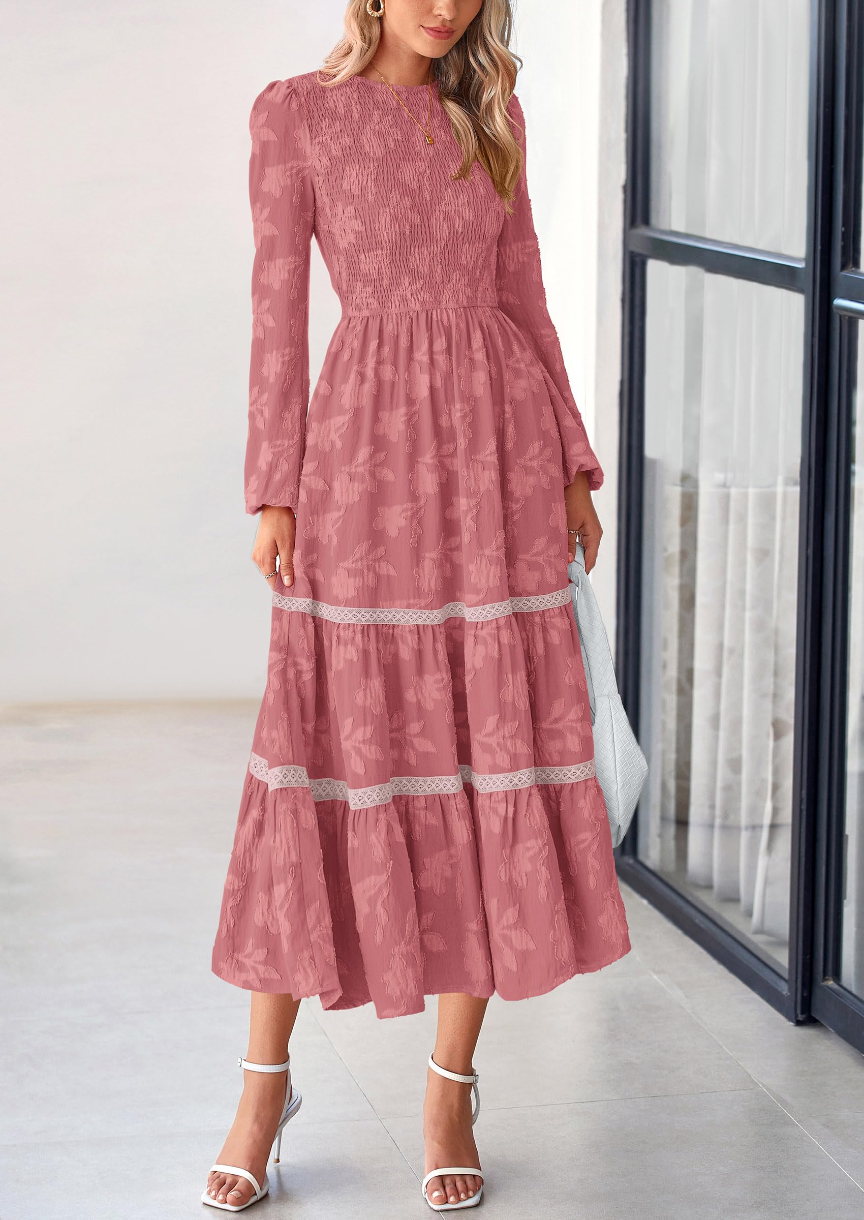 Women's Long Sleeve Boho Floral Midi Dress, Bean Paste Pink,S