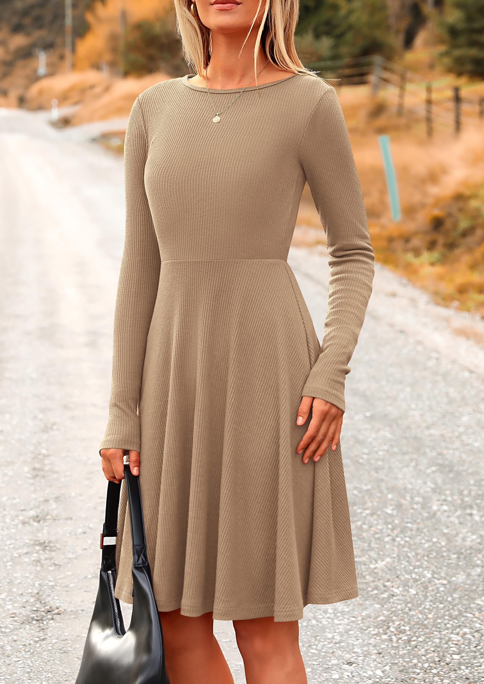 Women's Fall Casual Long Sleeve Short Dress (Khaki,S)