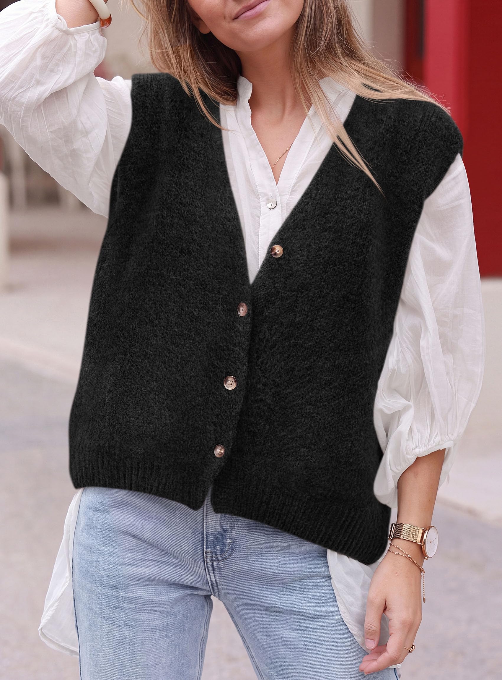 Womens Fall Sleeveless Button Down Sweater Vest,Black,S