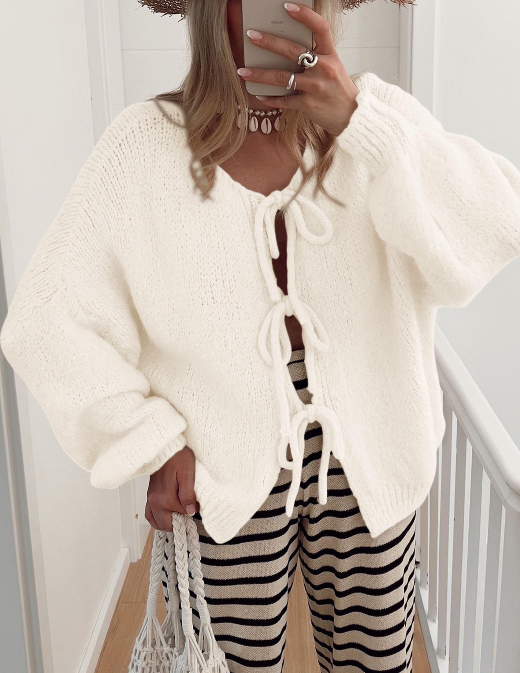 Women's Tie Front Bow Cardigan Sweaters(White,Small)