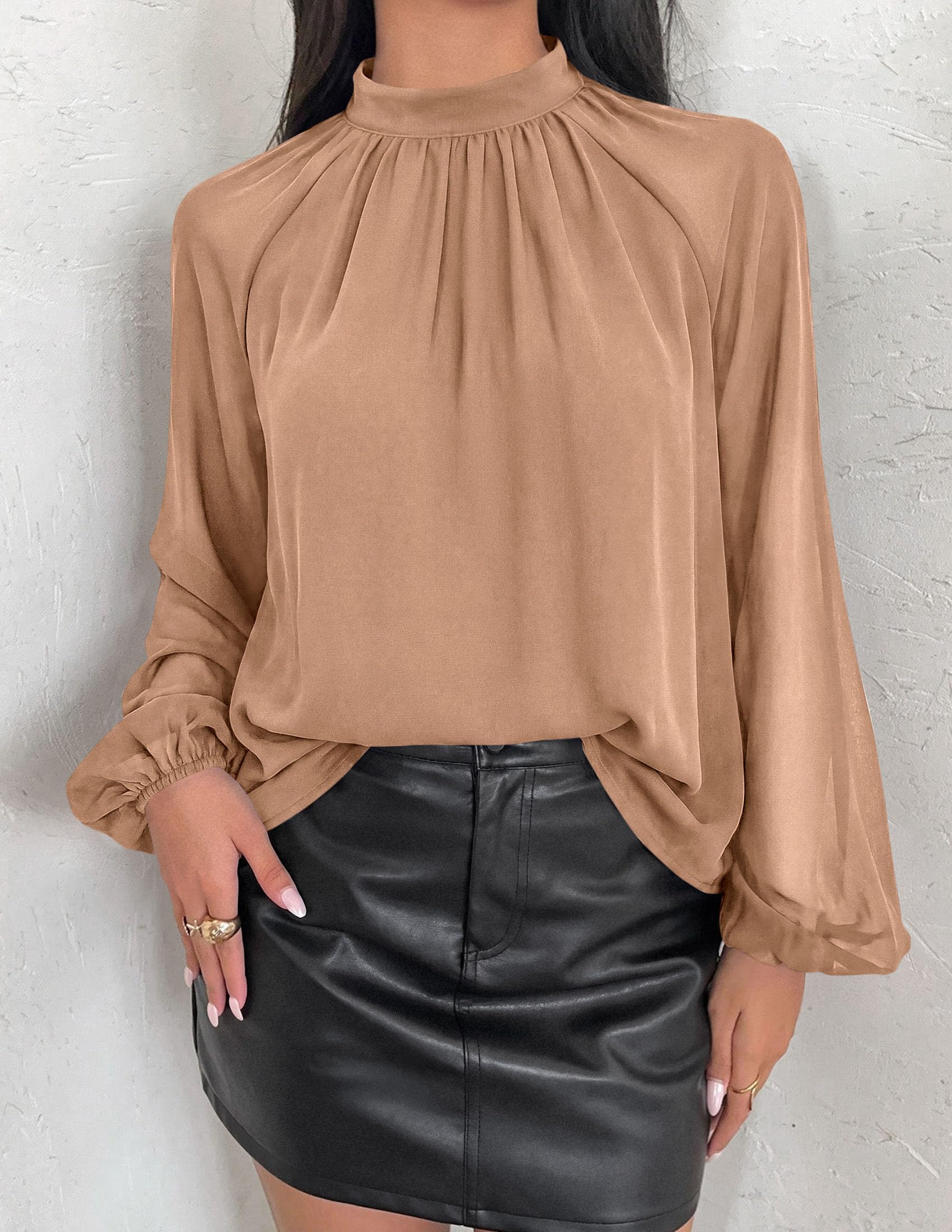 Chiffon Blouses for Women Dressy Casual Mock Neck Tops Khaki