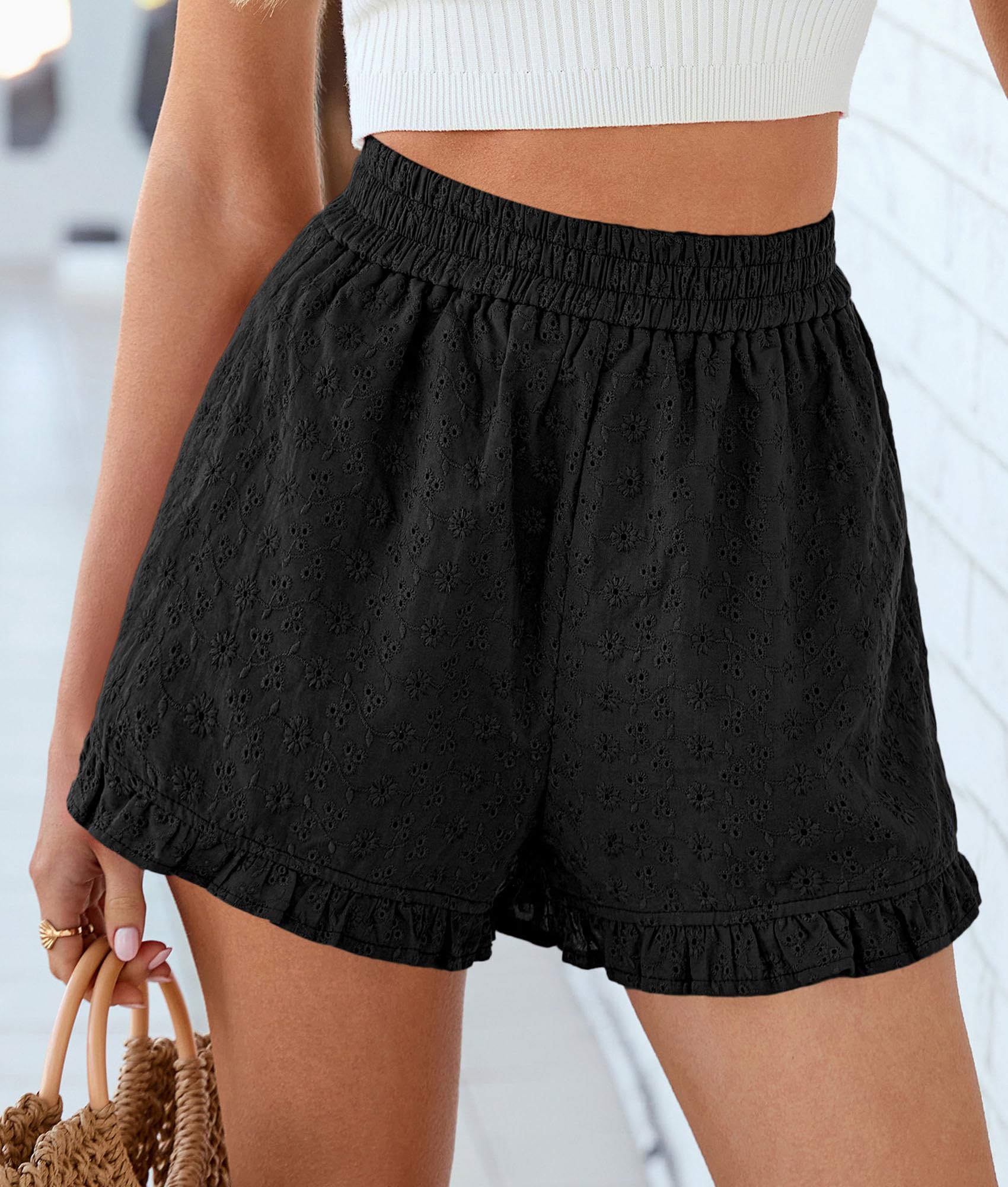 Womens Summer Ruffle Shorts Casual Loose Fit Black,S