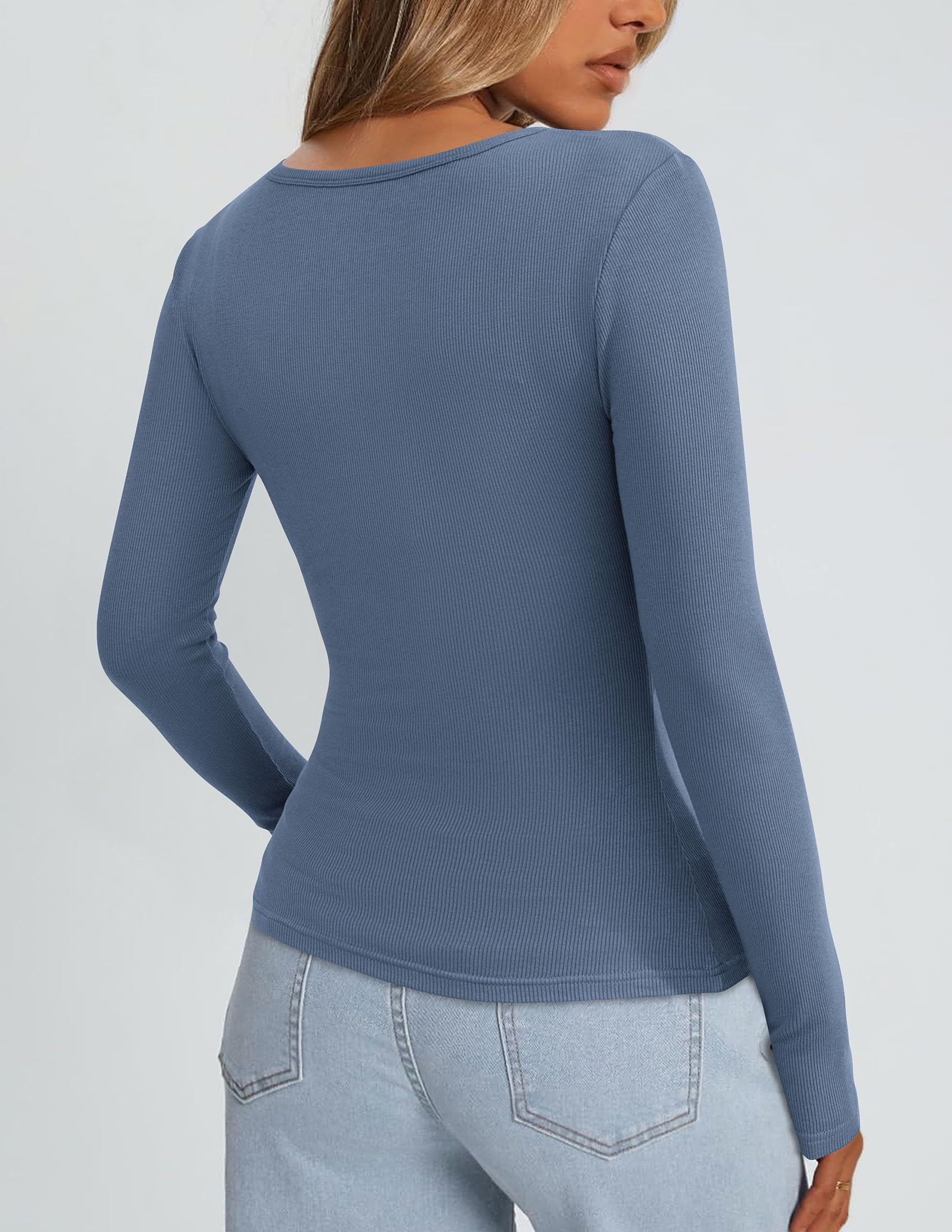 Square Neck Long Sleeve Shirts for Women Blue Grey,S