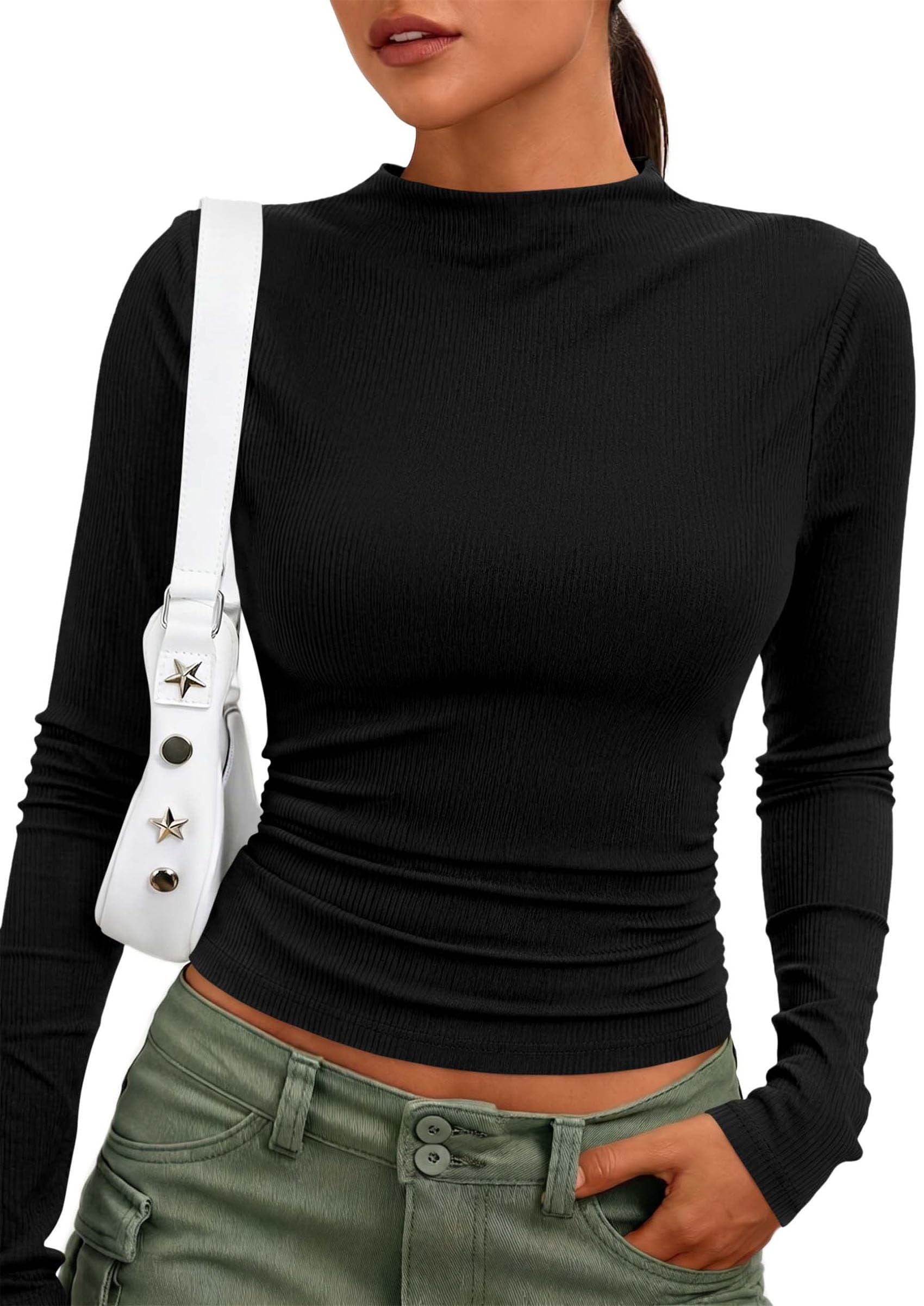 Womens Tops Casual Mock Neck Long Sleeve Shirts,Black,S