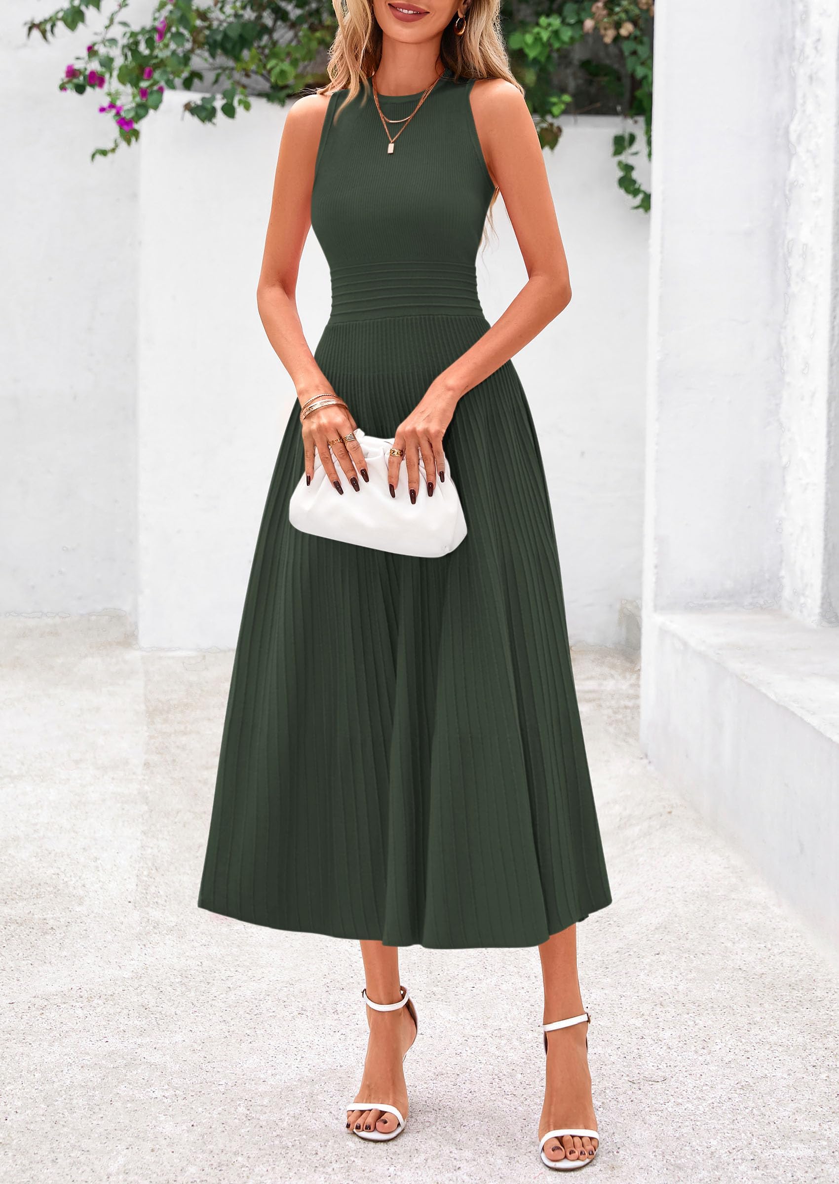 Women's Summer Pleated Midi Work Dress,Army Green,S