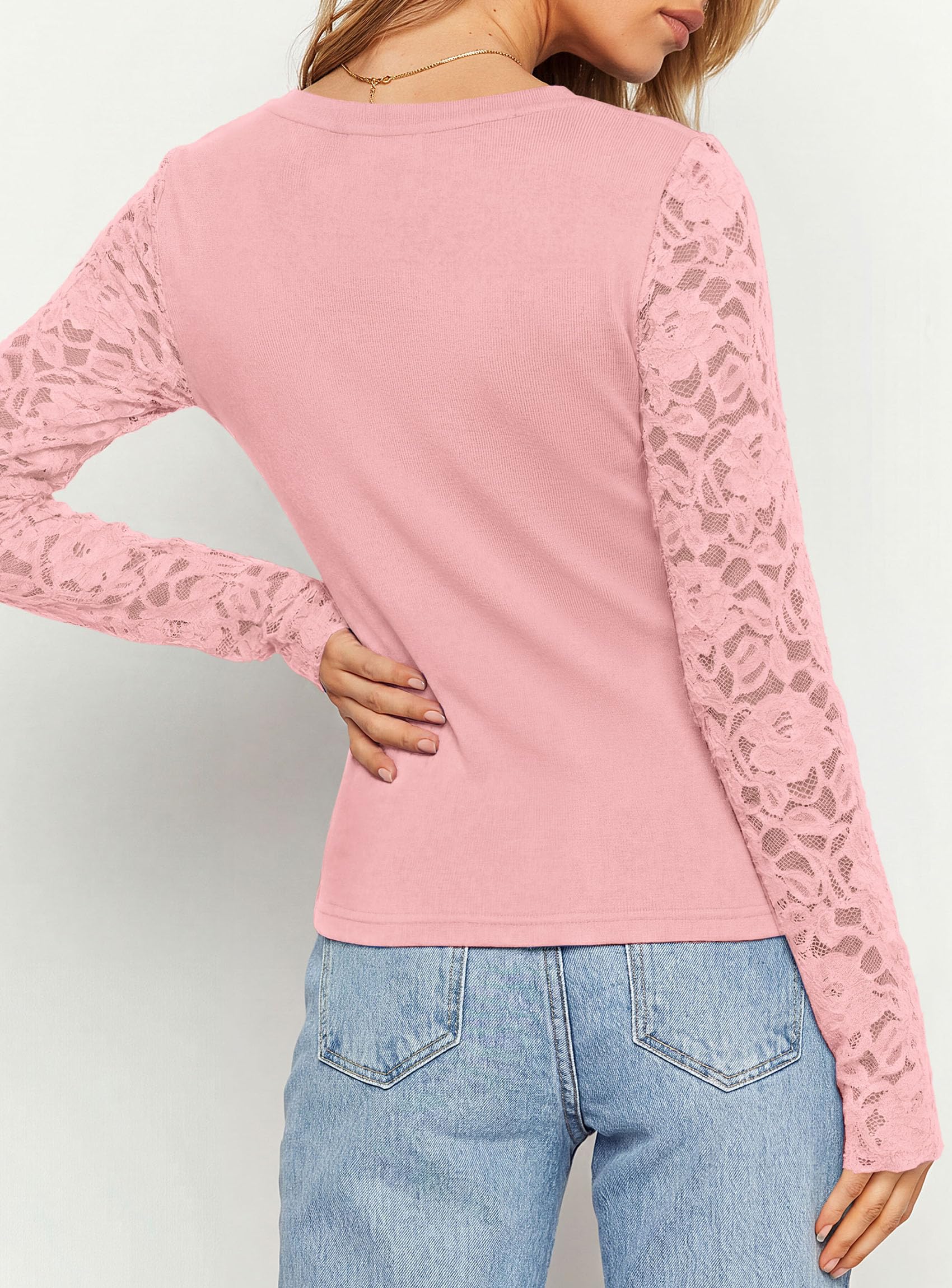 Sheer Lace Raglan Long Sleeve Shirts for Women,Pink,S