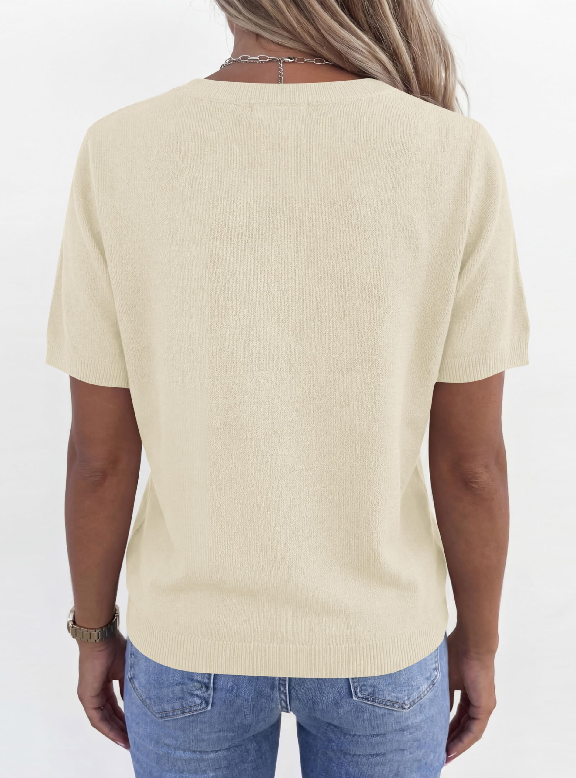 Womens Short Sleeve Sweater V Neck Tops,Beige,M