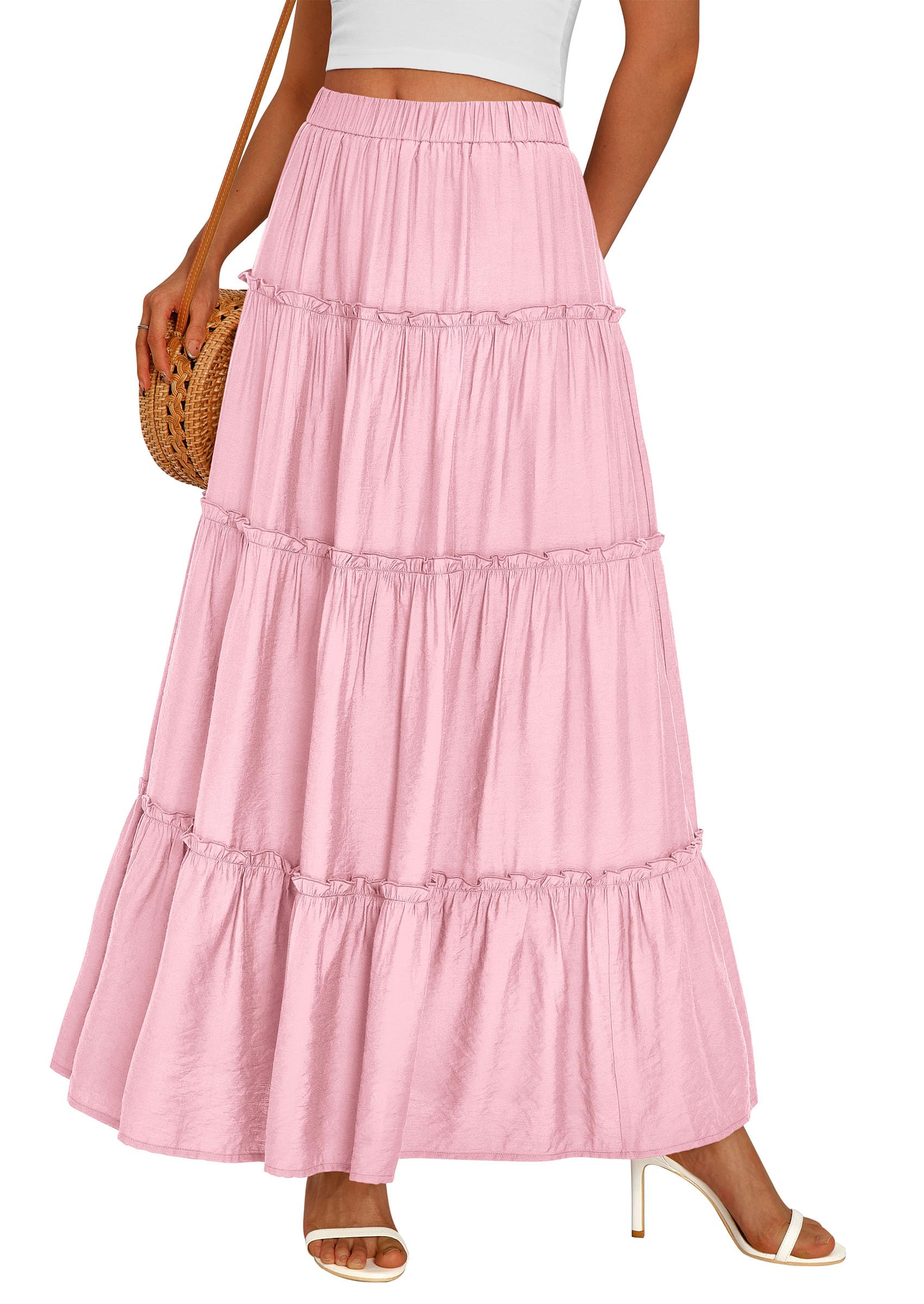 Women's Boho Tiered Ruffle Flowy Maxi Skirt, Light Pink,S