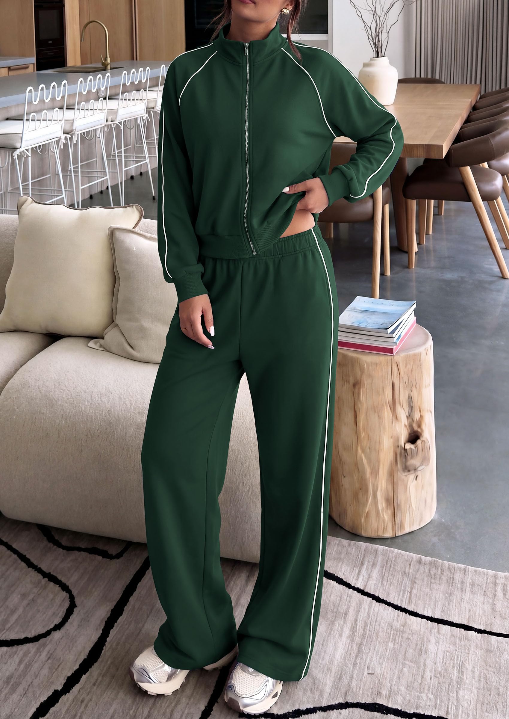 Women's 2 Piece Sweat Set Casual Fall Outfits,Dark Green,S