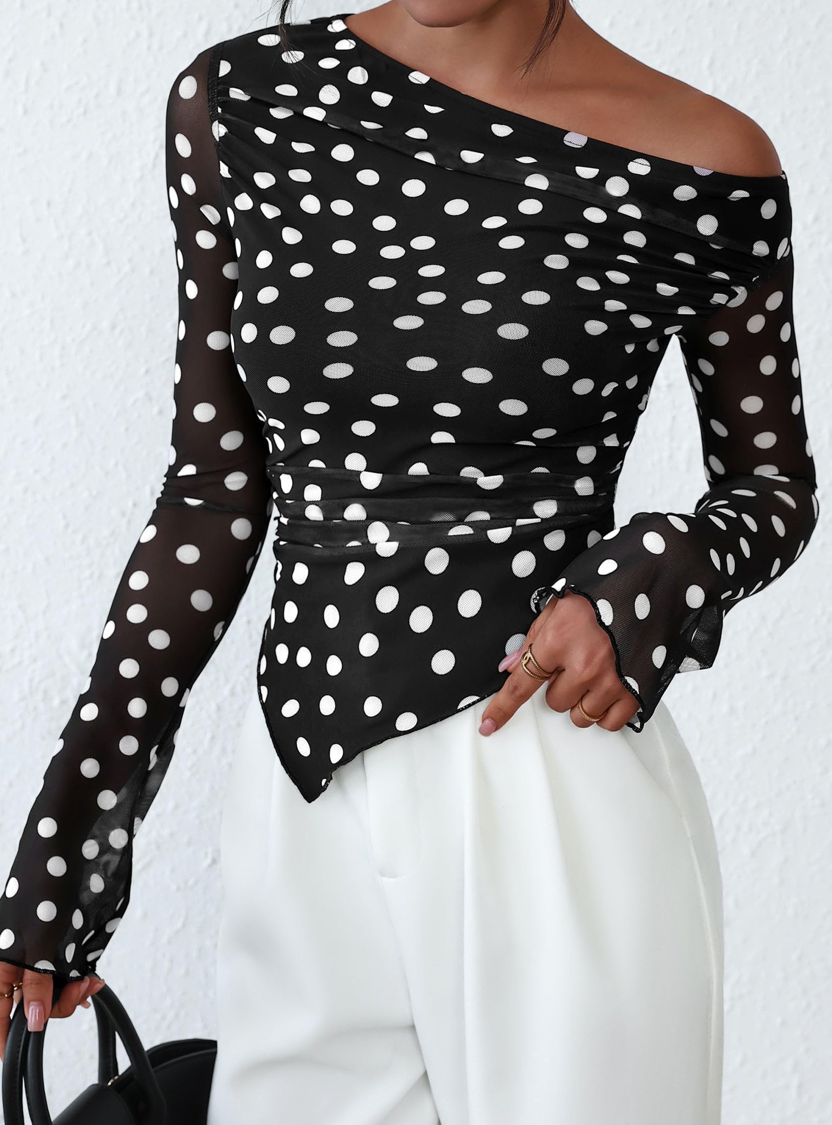 Womens Off Shoulder Mesh Y2k Tops,Small Dot Black,XS
