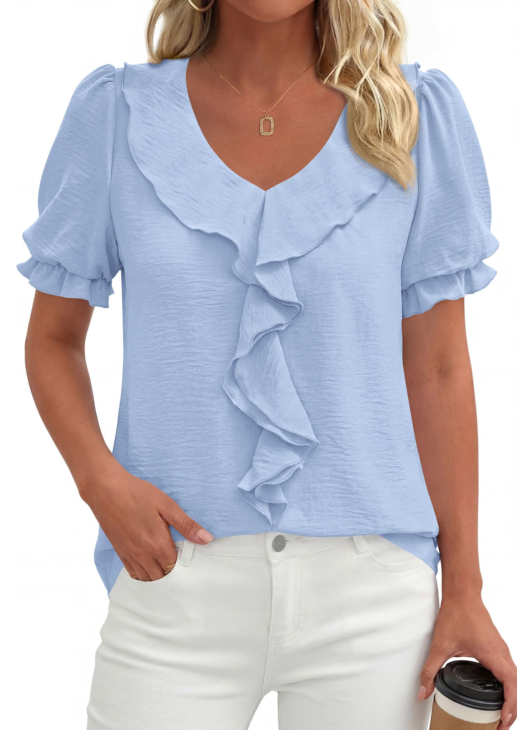 Women's Summer Ruffle Dressy Casual Blouses (Light Blue,S)