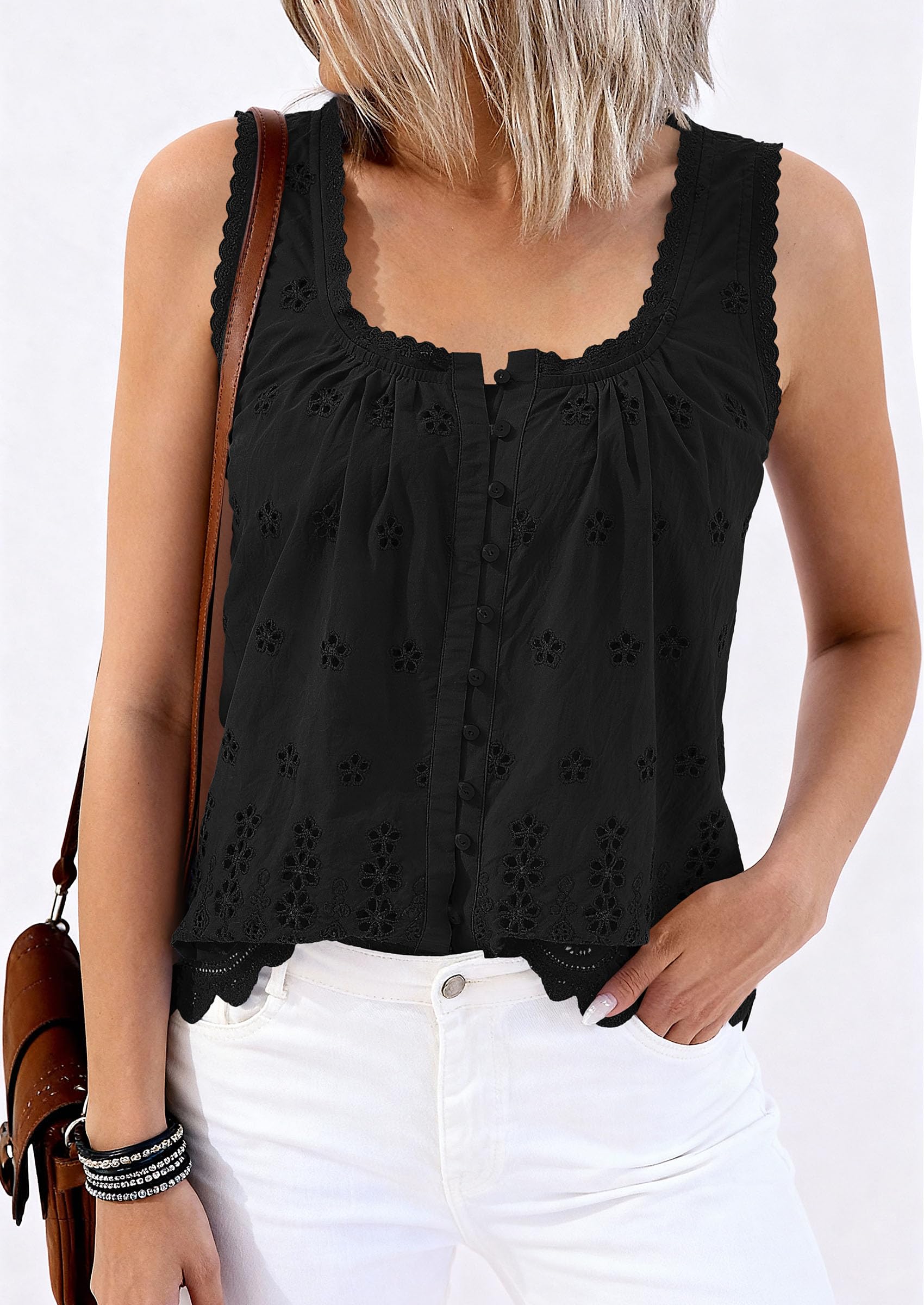 Women's Lace Tank Top Embroidery Eyelet Blouses,Black,S