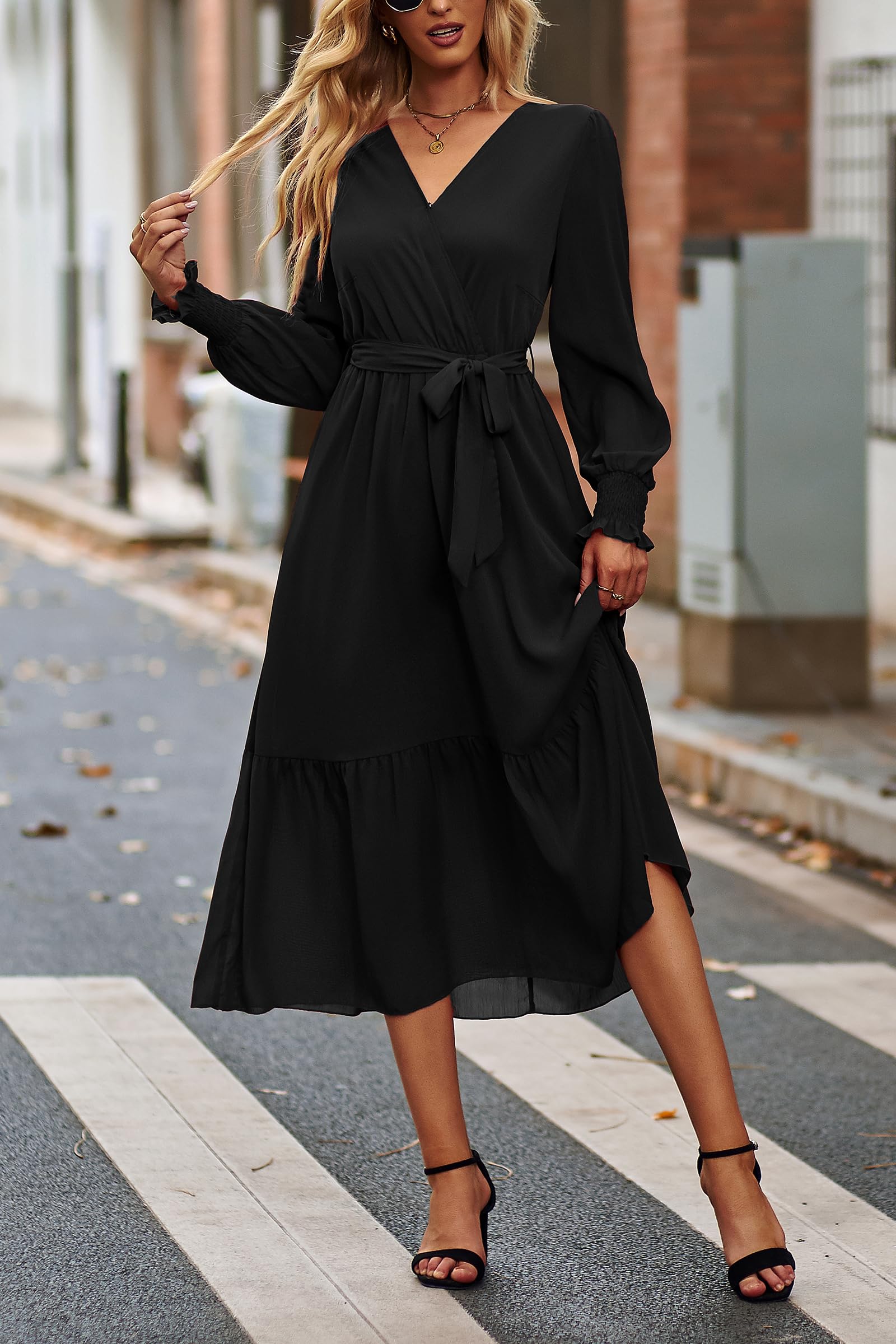 Womens Long Sleeve Boho Maxi Fall Floral Wedding Guest Dresses