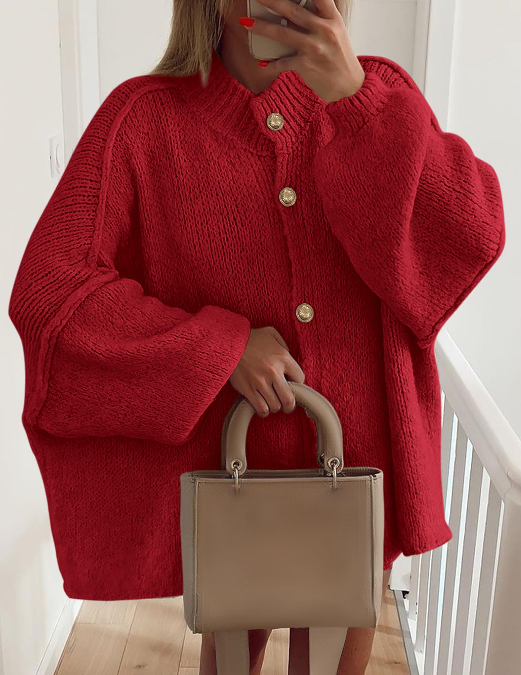 Women's Oversized Chunky Cardigan Sweaters(Jujube Red,Small)