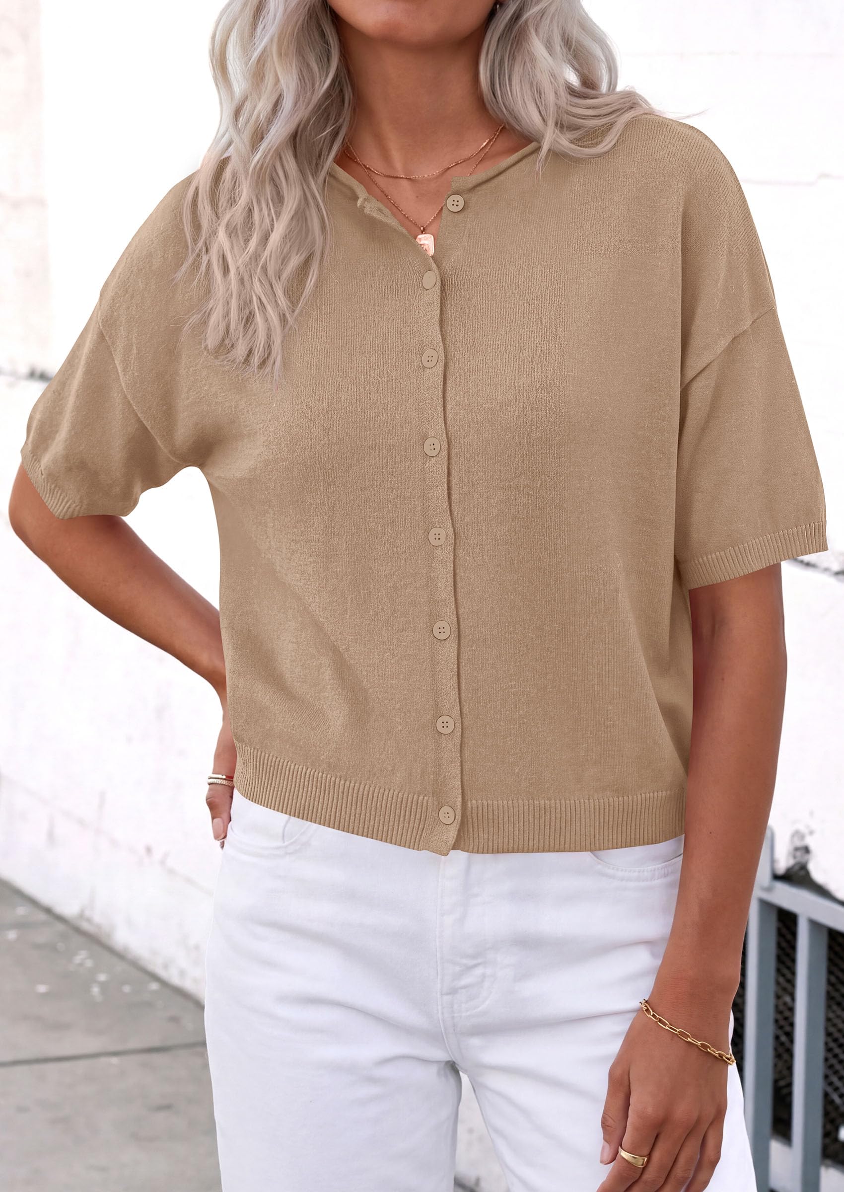 Women's Short Sleeve Cardigan Sweaters (Khaki,Small)