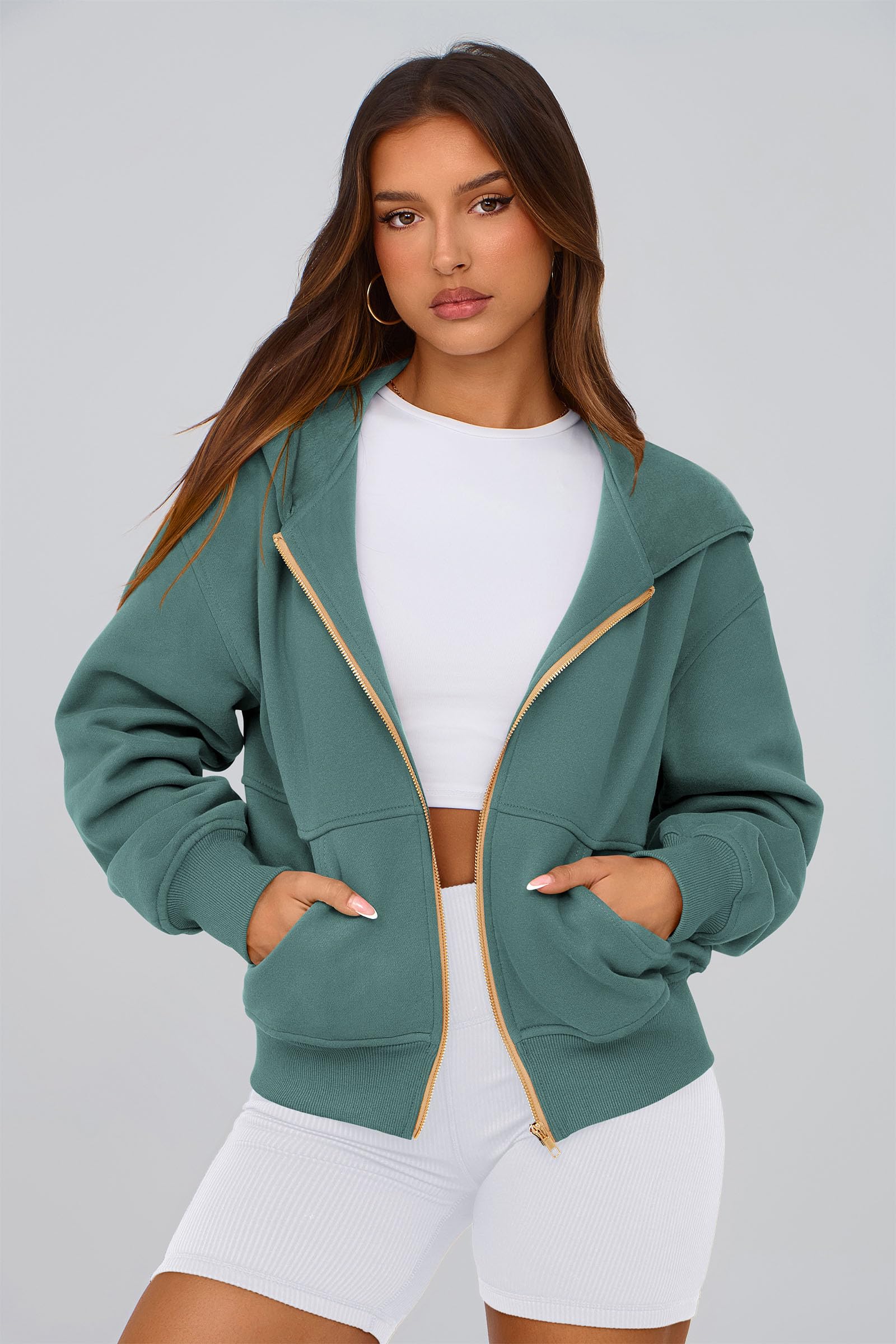 Hoodies for Women Fall Fashion Zip Up Fleece Plain Sweatshirt