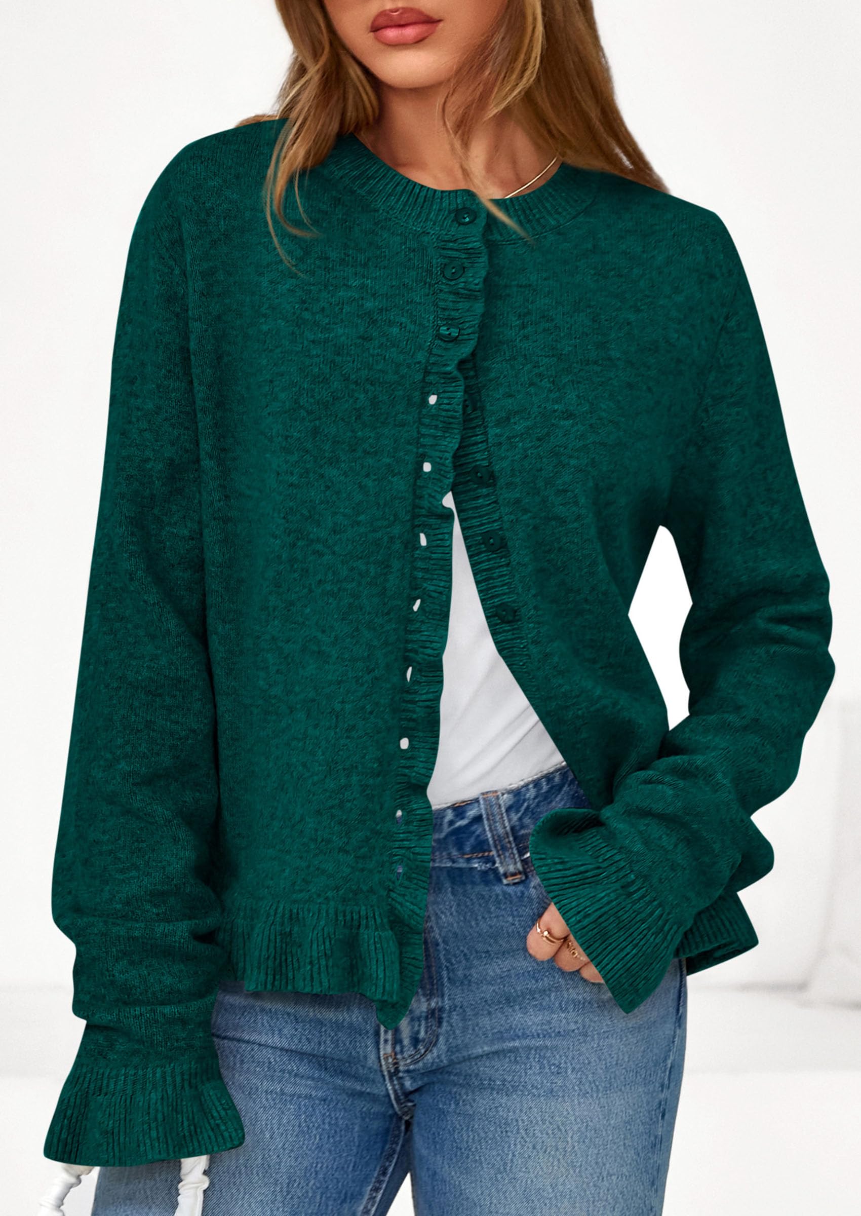 Womens Ruffle Button Down Cardigan Sweaters,Dark Green,S