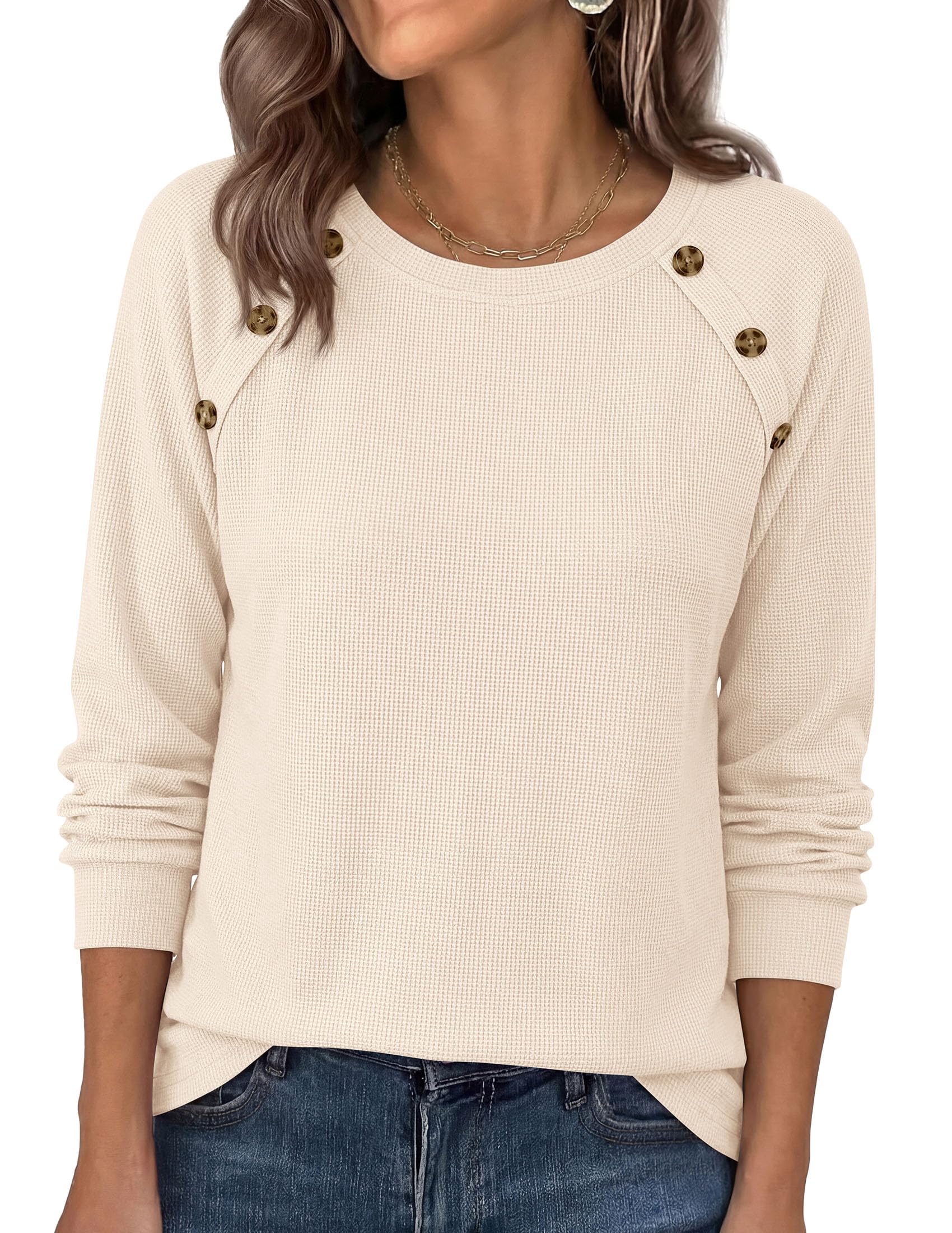 Fall Long Sleeve Waffle Knit Shirts for Women Loose Tunic Tops